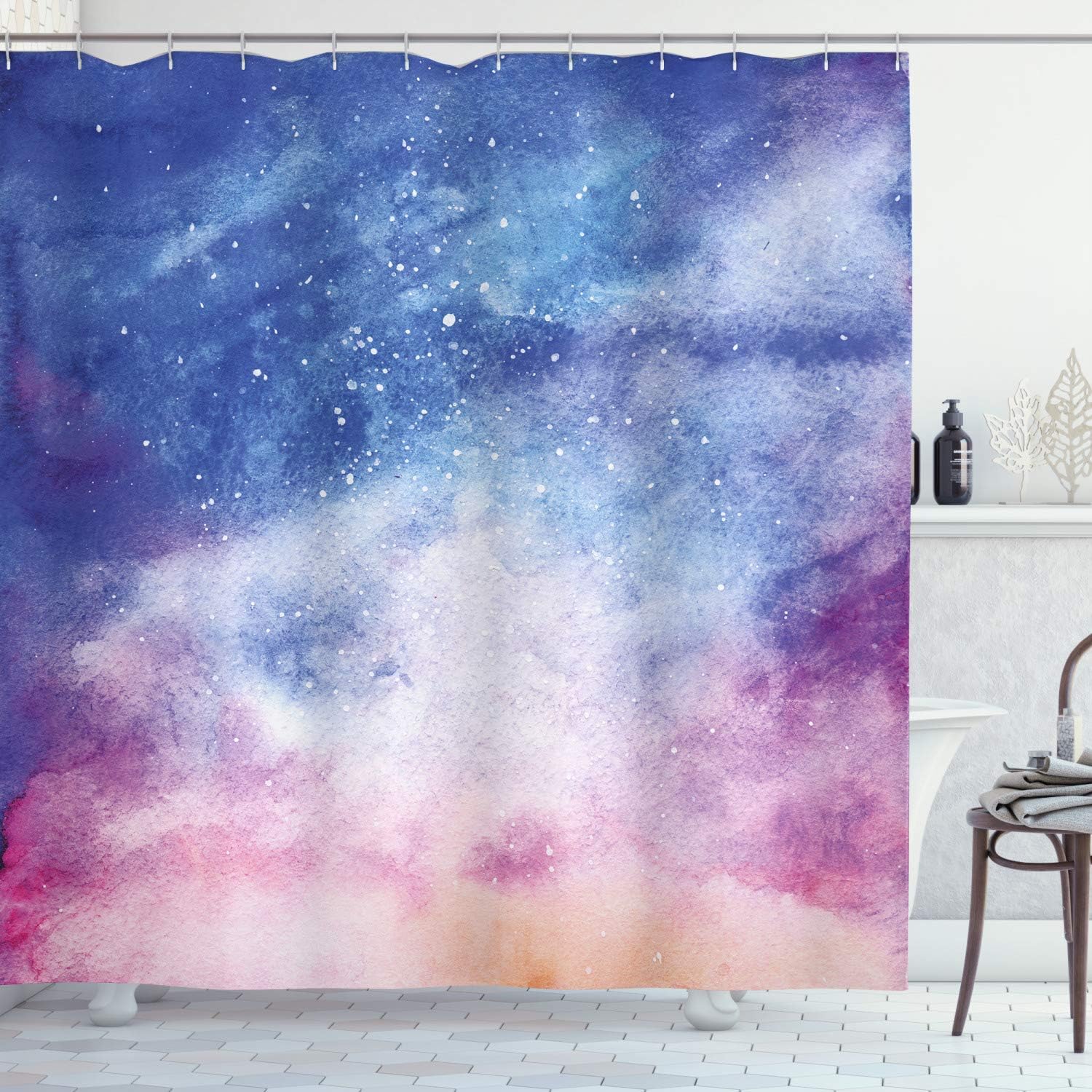 Ambesonne Navy and Blush Shower Curtain, Watercolor Style Starry Space Galaxy Nebula Abstract Cosmos Inspired, Cloth Fabric Bathroom Decor Set with Hooks, 69" W x 84" L, Blue Pink Salmon