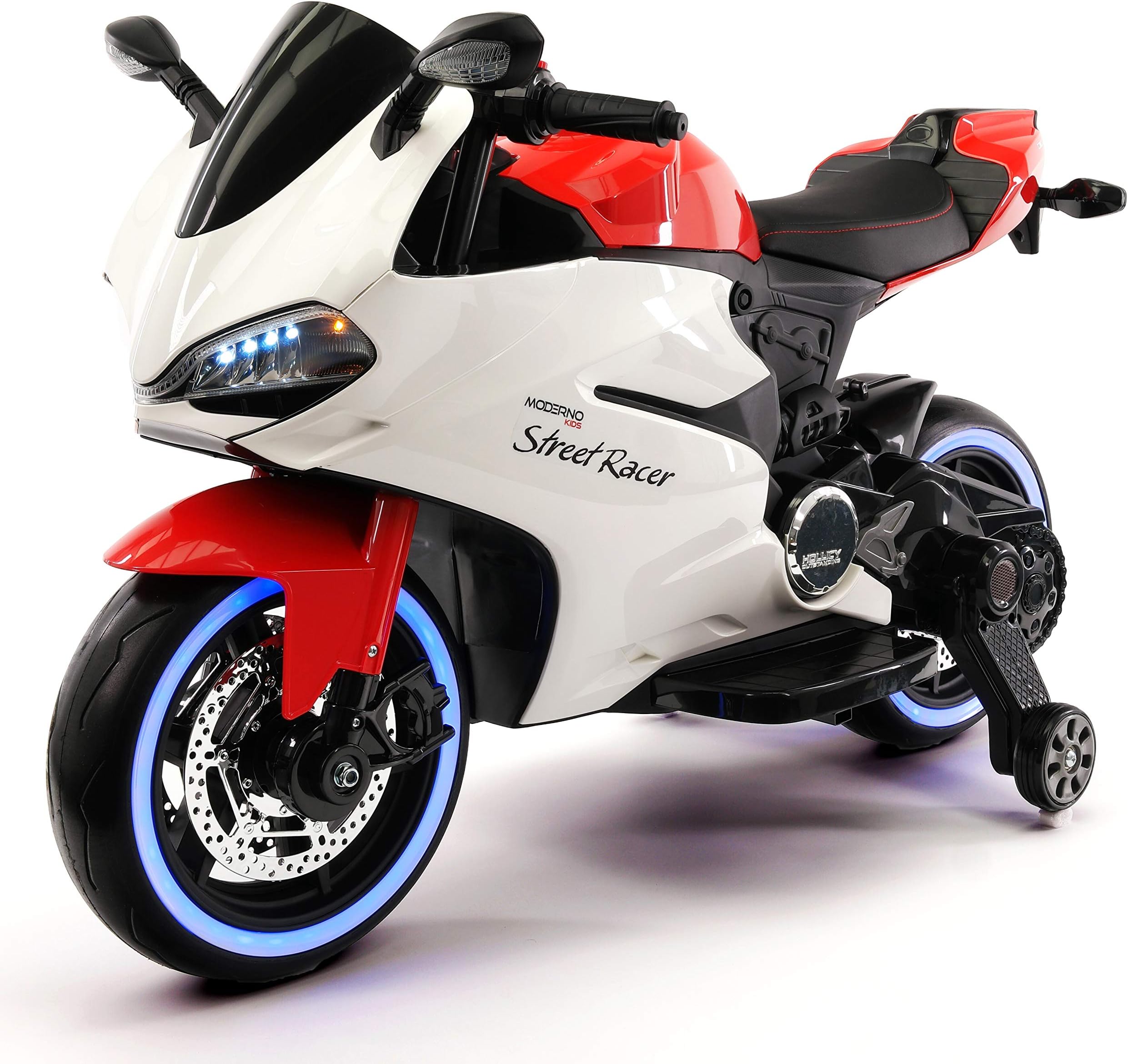 Moderno KidsStreet Racer 12V Battery Power Motorized Electric Children Ride-On Motorcycle Bike + EVA Rubber Tires + Leather Seat + MP3 USB Music Player + LED Lights + Training Wheels