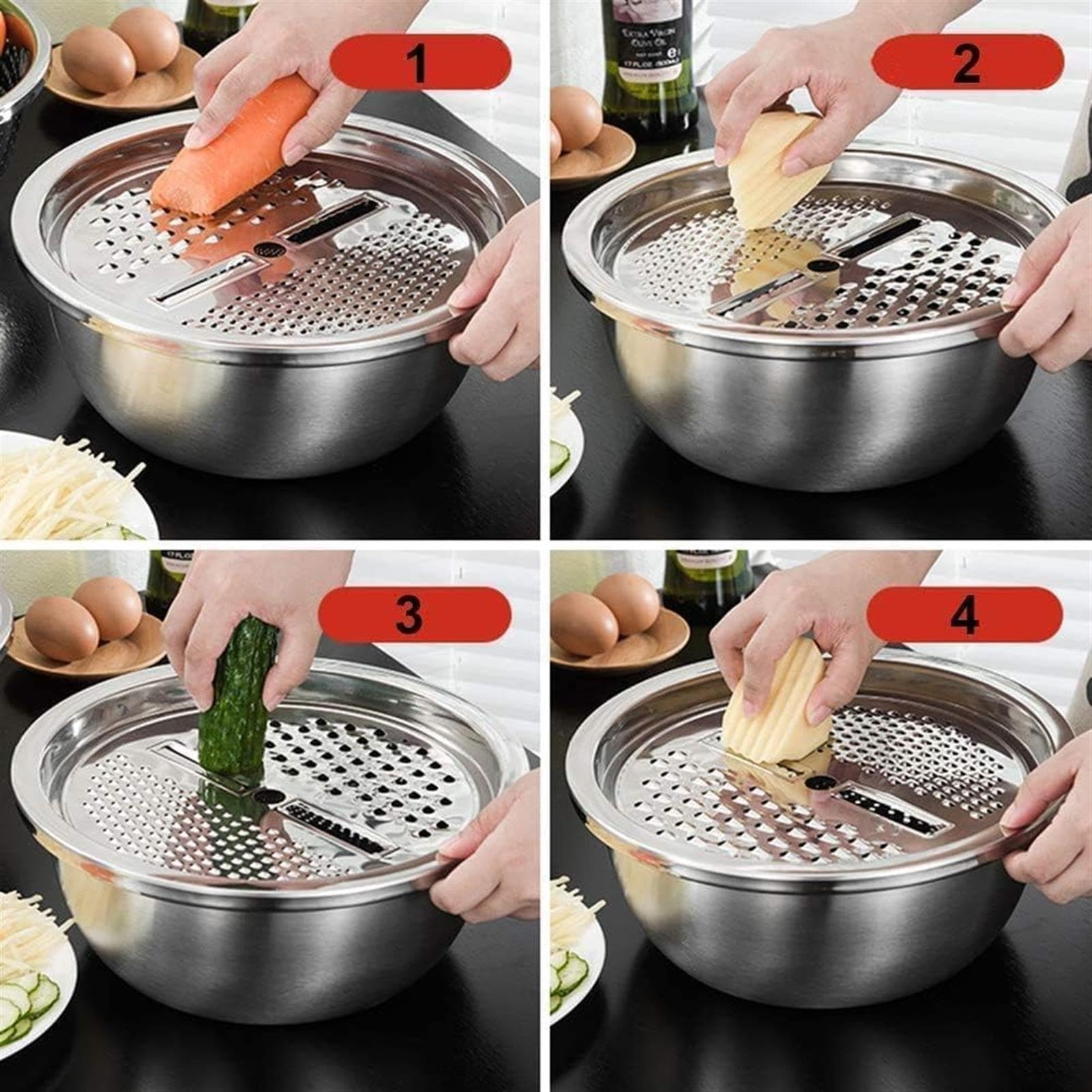 Juego de lavabo de acero inoxidable, colador multifuncional para lavar verduras y arroz, incluye ralladores y ensaladeras, ideal para la preparación de alimentos