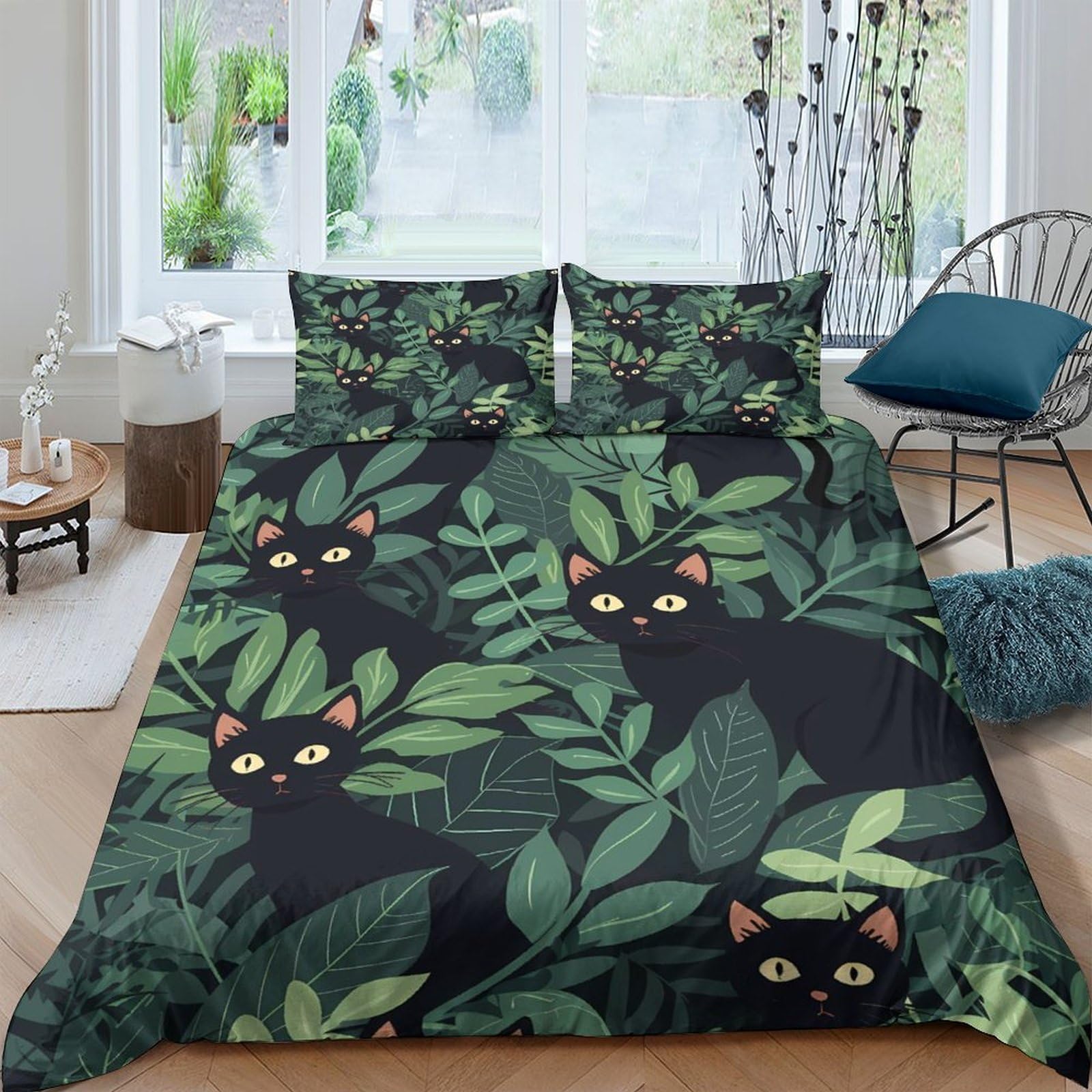 TUFRTGYHN 3D Printed Black Cat Jungle Leaves Duvet Cover Microfiber Soft Breathable Bedding Set with 2 Pillowcases for Bedroom Decor Single（135x200cm）