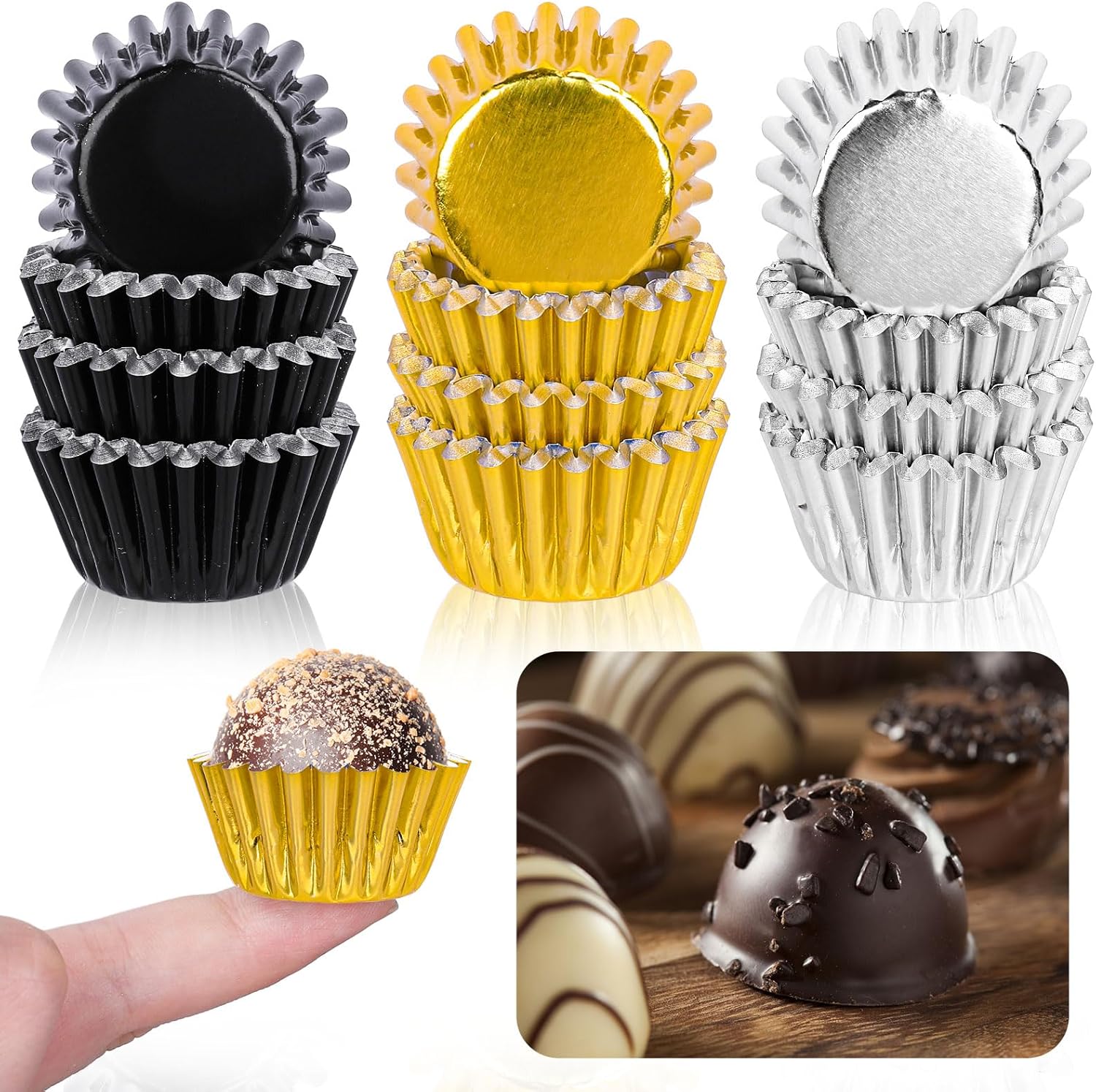 Whaline 300Pcs Graduation Mini Cupcake Liners Congrats Grad Foil Baking Cups Black Gold Silver Foil Metallic Cupcake Wrappers for Holiday New Year Party Supplies