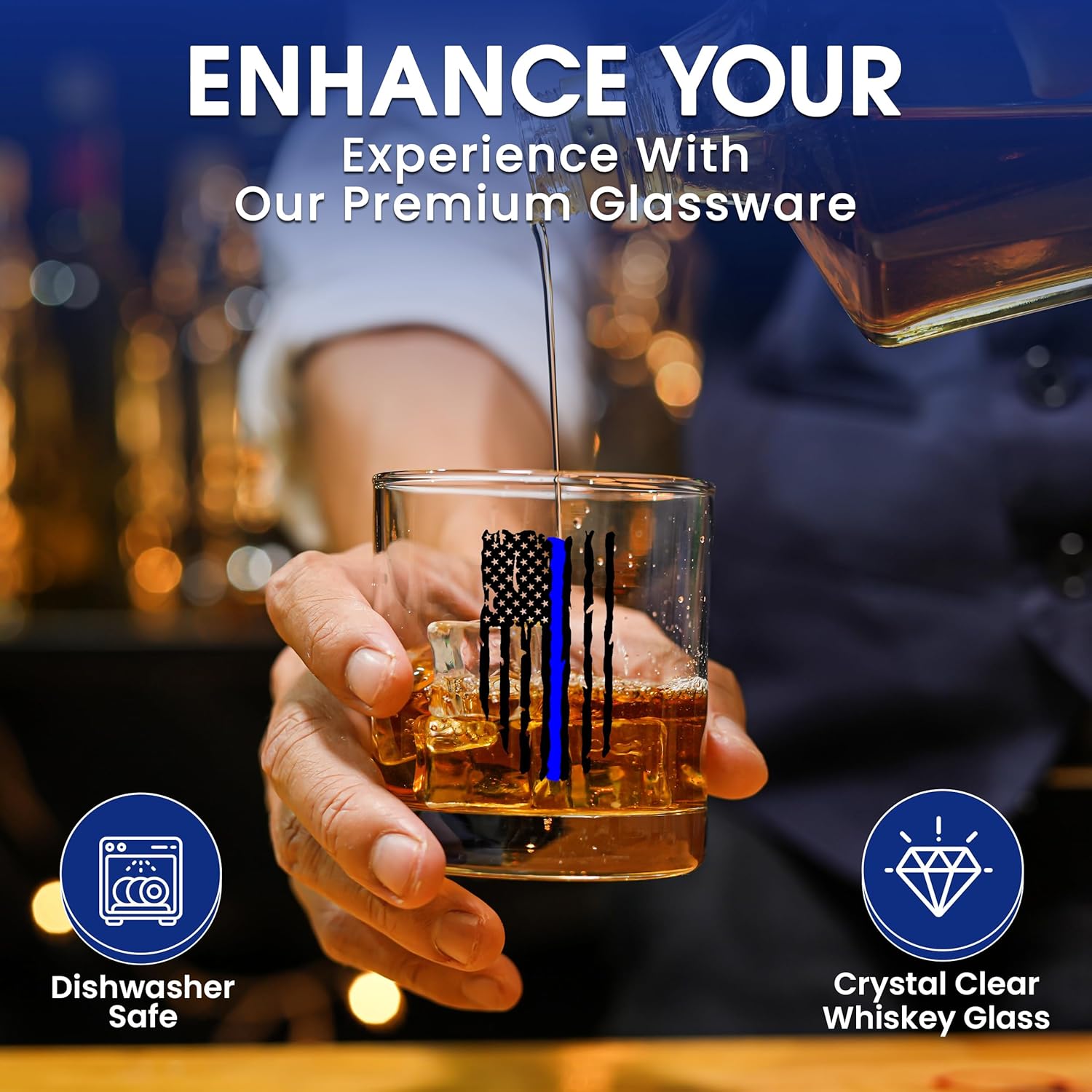 Thin Blue Line Tattered Flag Bundle Police Officer Whiskey Decanter With Glass Stopper And Two Matching Glasses Custom Gift Set For Men Dad Father's Day