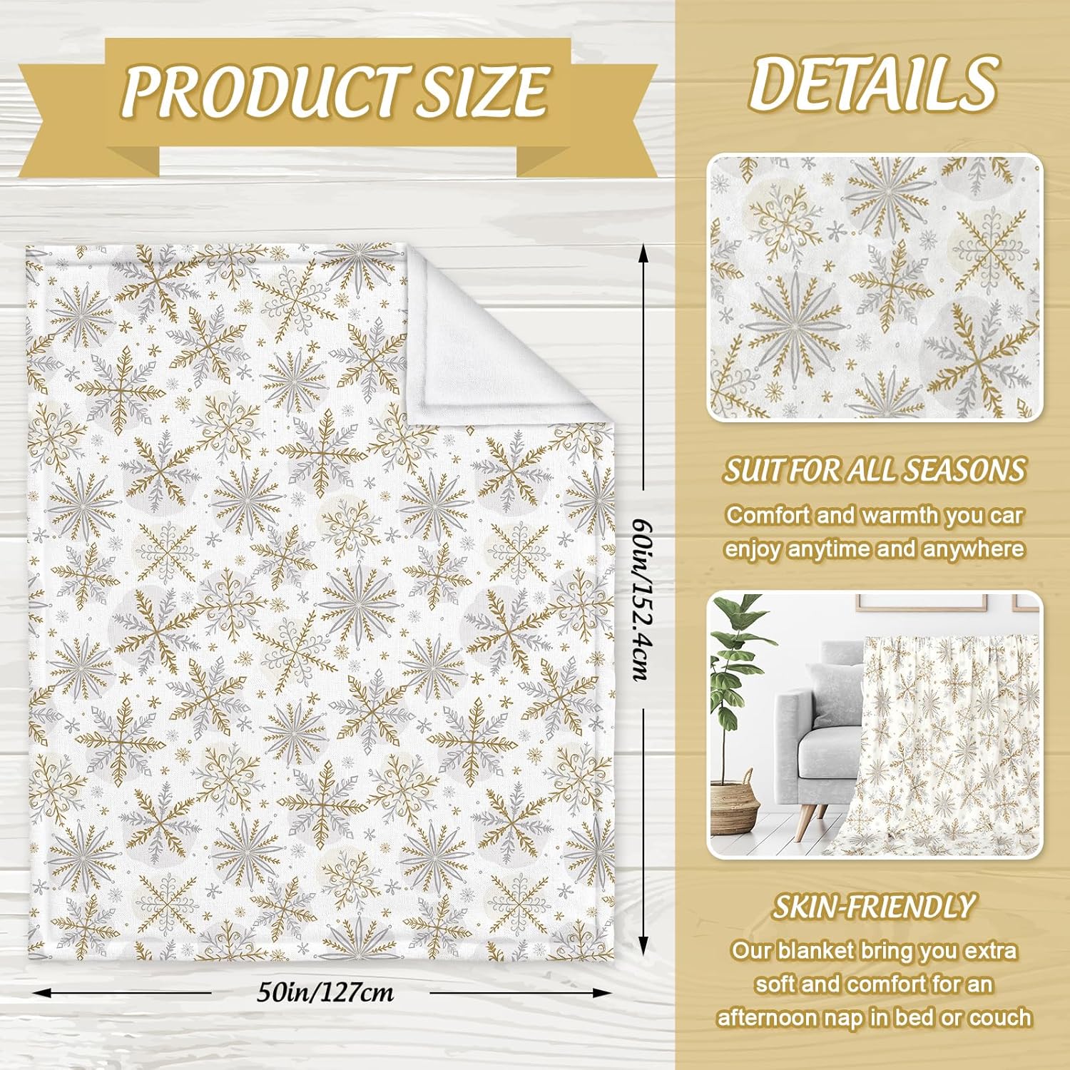 JarThenaAMCS Christmas Fuzzy Blanket Gold Silver Snowflake Throw Blanket Winter Xmas Soft Cozy Flannel Blanket for Home Party Bed Sofa Couch, 50 x 60 Inch - Image 3