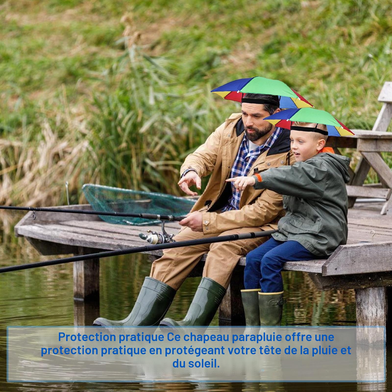6 Pièces Chapeau Parapluie Pliant, Mains Libres Parapluie de Pêche avec Bandes Élastiques pour Le Golf Le Cyclisme L’Exterieur