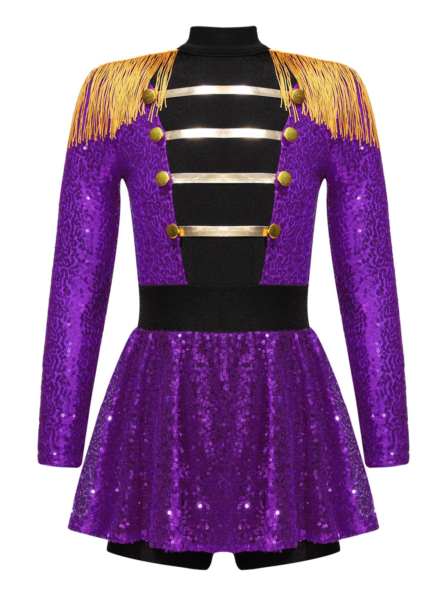 RUNQHUI Kids Girls Sparkly Sequins Tassels Long Sleeve Dance Leotard Dress Majorette Costume Marching Band Uniform Purple 7-8 Years