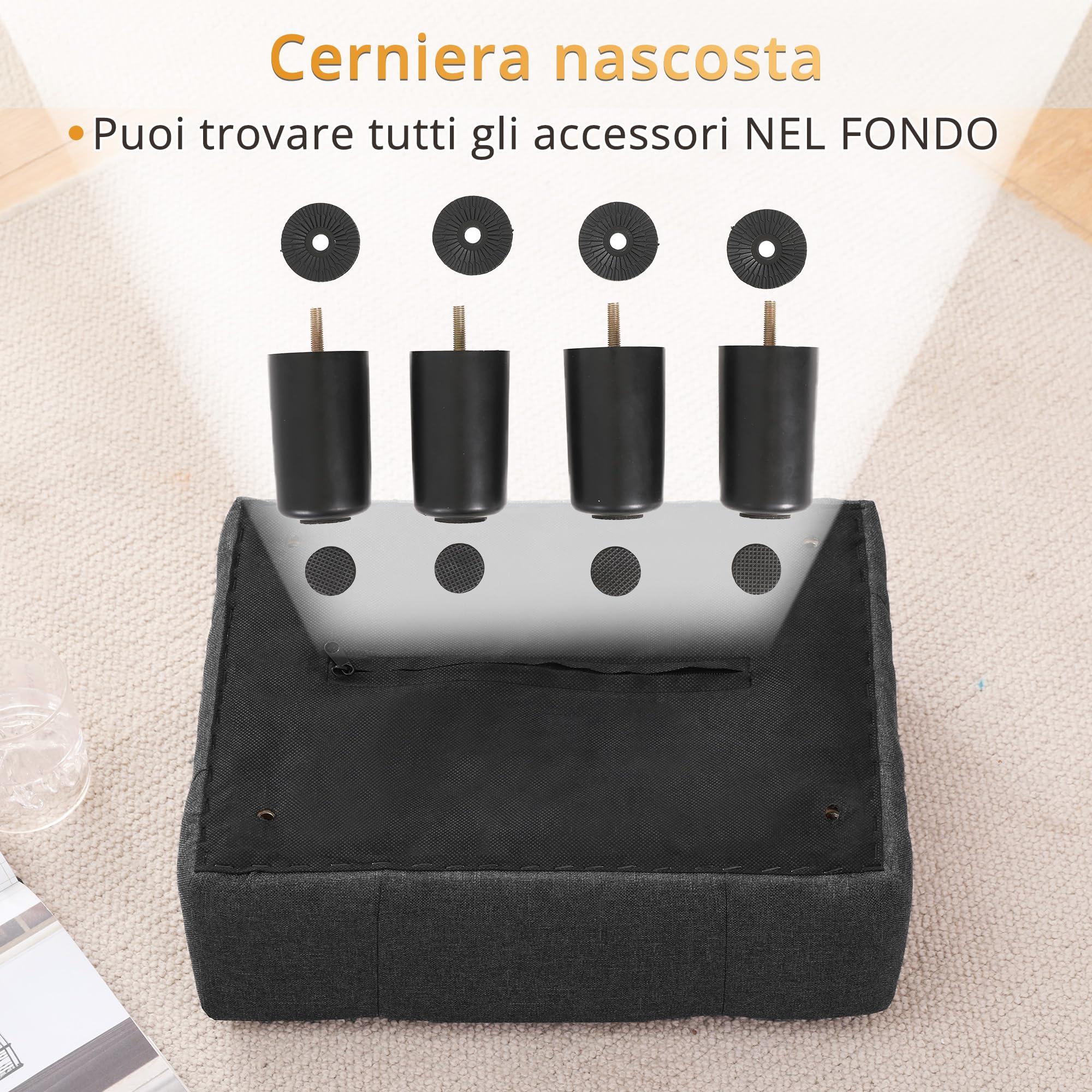 LUE BONA Pouf Poggiapiedi - Poggiapiedi Divano per Soggiorno, Camera da Letto e Dormitorio - Sgabello Basso, Moderno, Lino，Grigio Carbone