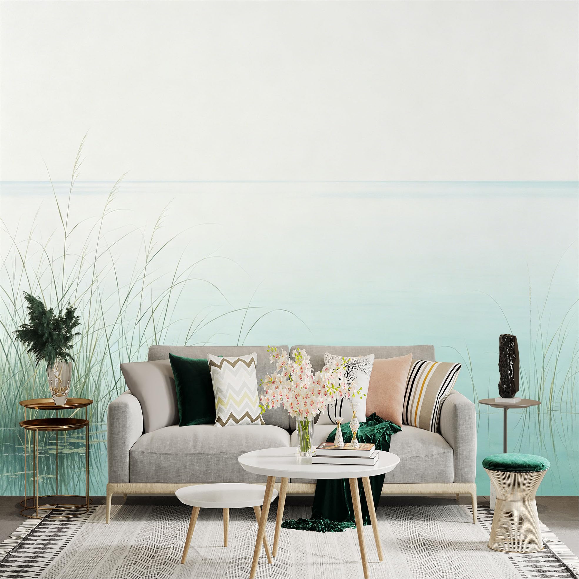 Lnzczhyre Dbh260521969 Custom Size Wall Sticker Mural， Minimalist Serene Lake View， Soft Teal Water Surface， Abstract Reeds Silhouette， Peaceful Horizon， For Wall Decoration， Peelandstick Wall Decals.