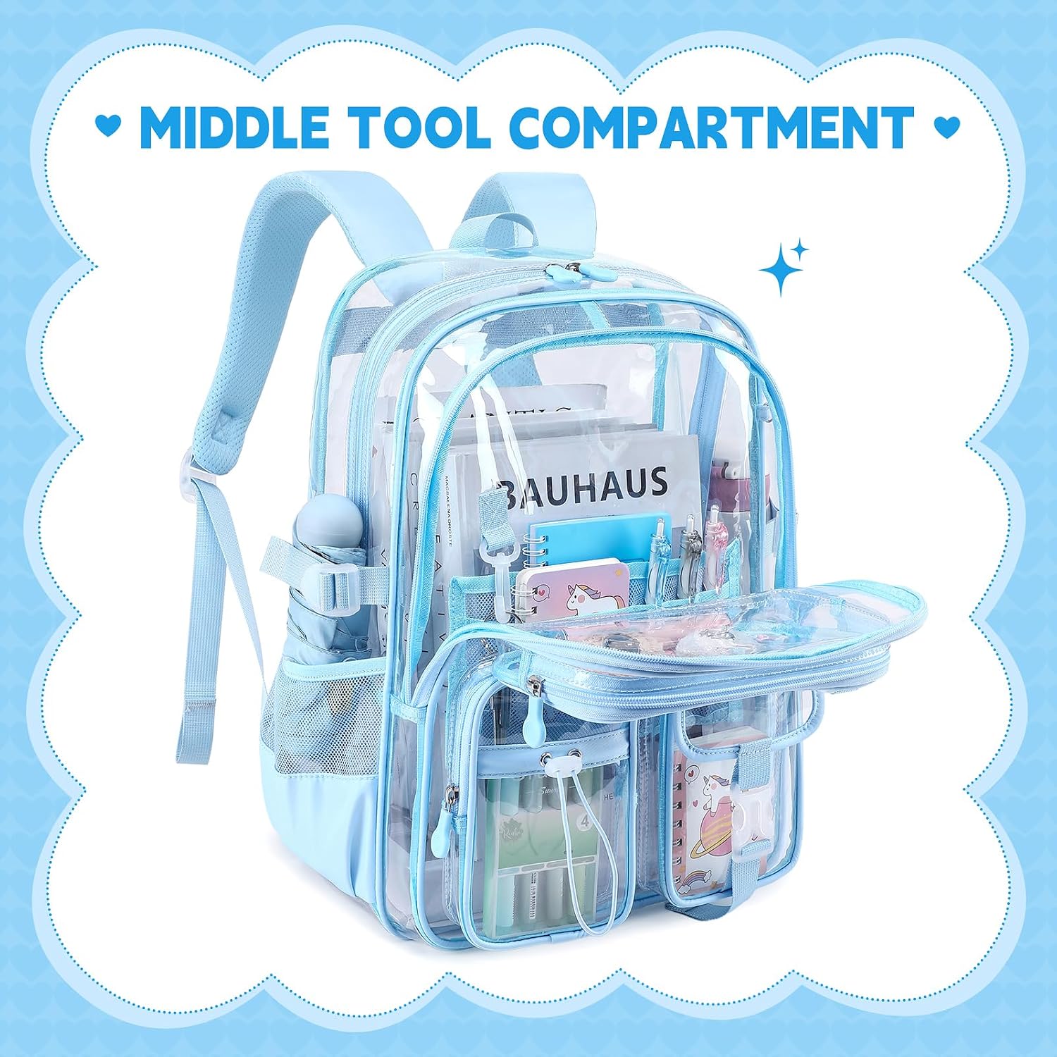 Clear Backpacks for Stadium Events Heavy Duty Clear Bookbag for School Girls Transparent Back Pack, Blue image 4