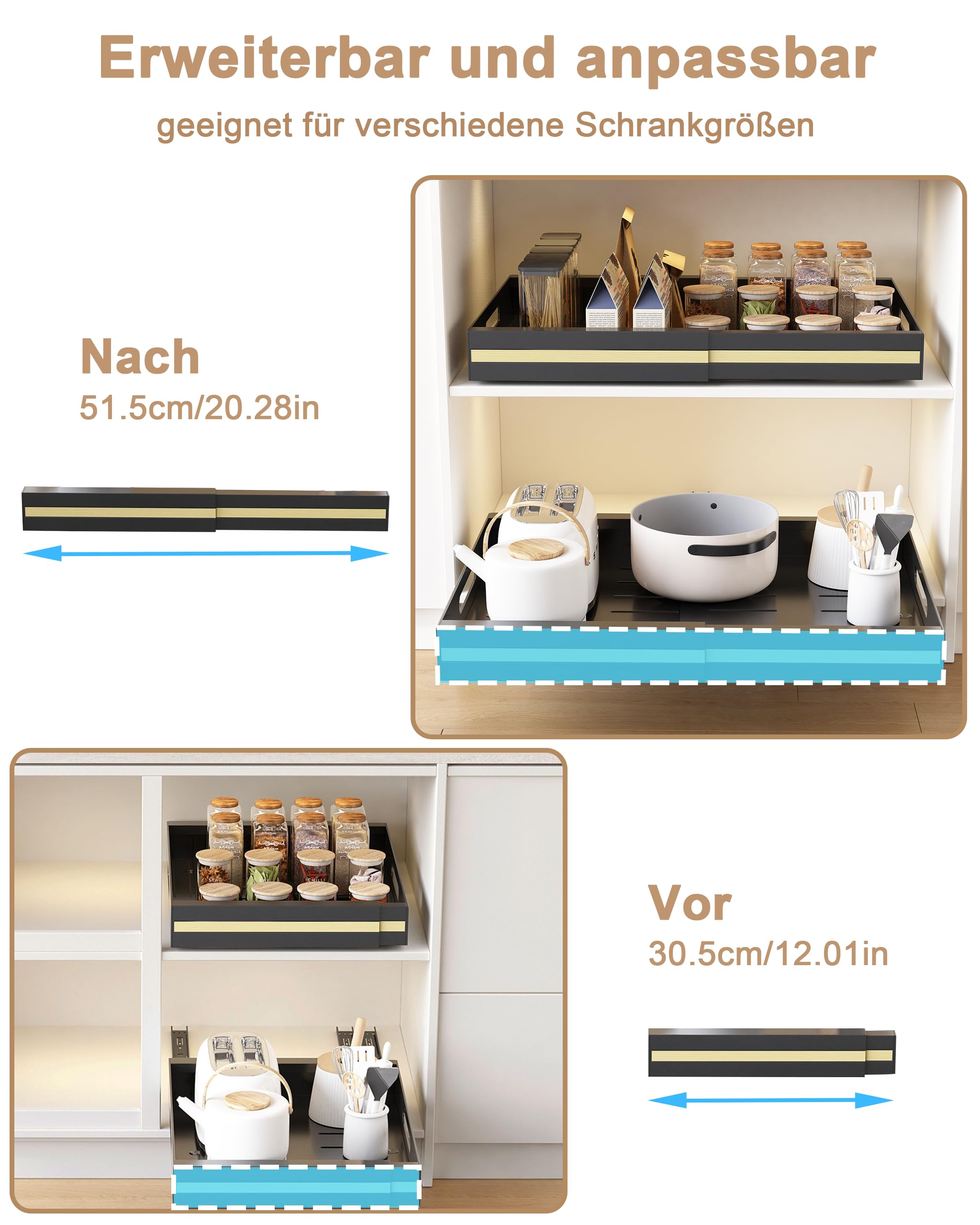 UMDONX 2 Pack Ausziehbare Schublade Küche Organizer mit Kleber, Teleskopschublade Erweiterbar Schrank Aufbewahrung Einstellbare Kitchen, Metall, Schwarz
