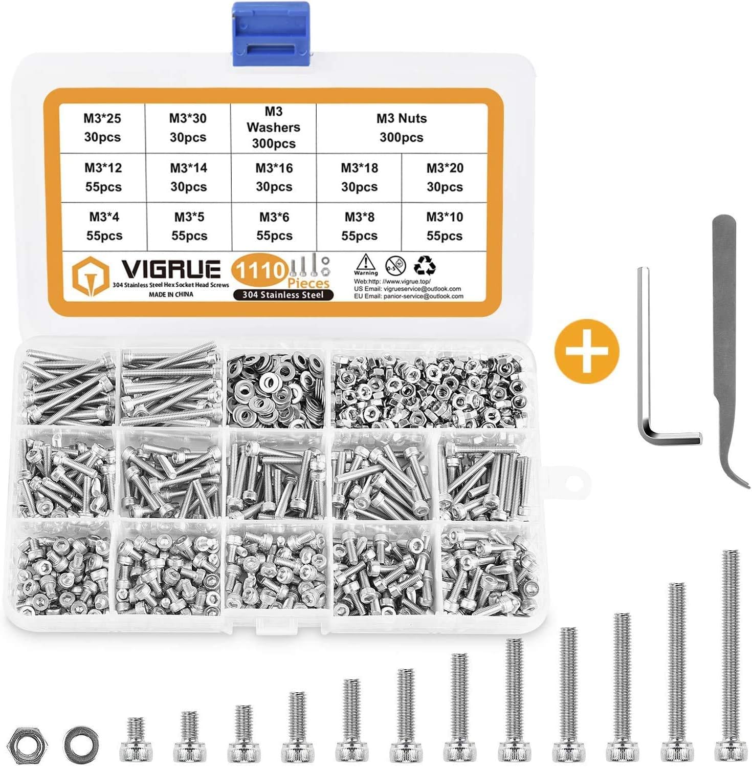 VIGRUE 1110PCS M3 Hex Socket Head Cap Screws Nuts Kit, M3 x 4/5/6/8/10/12/14/16/18/20/25/30mm Stainless Steel Screws Assortment Set W/Allen Wrench and Tip Curved Tweezer