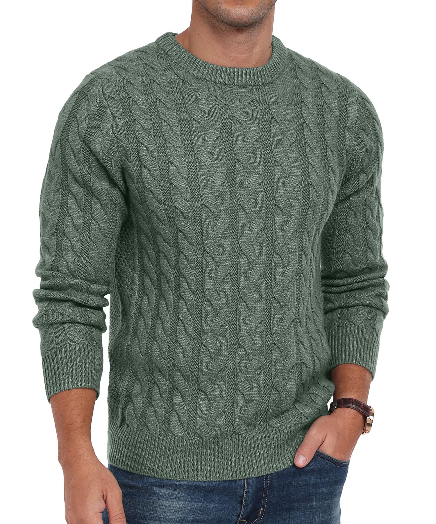 QIXING Maglione da uomo lavorato a maglia a trecce girocollo casual a maniche lunghe maglione lavorato a maglia grossa con bordo a costine