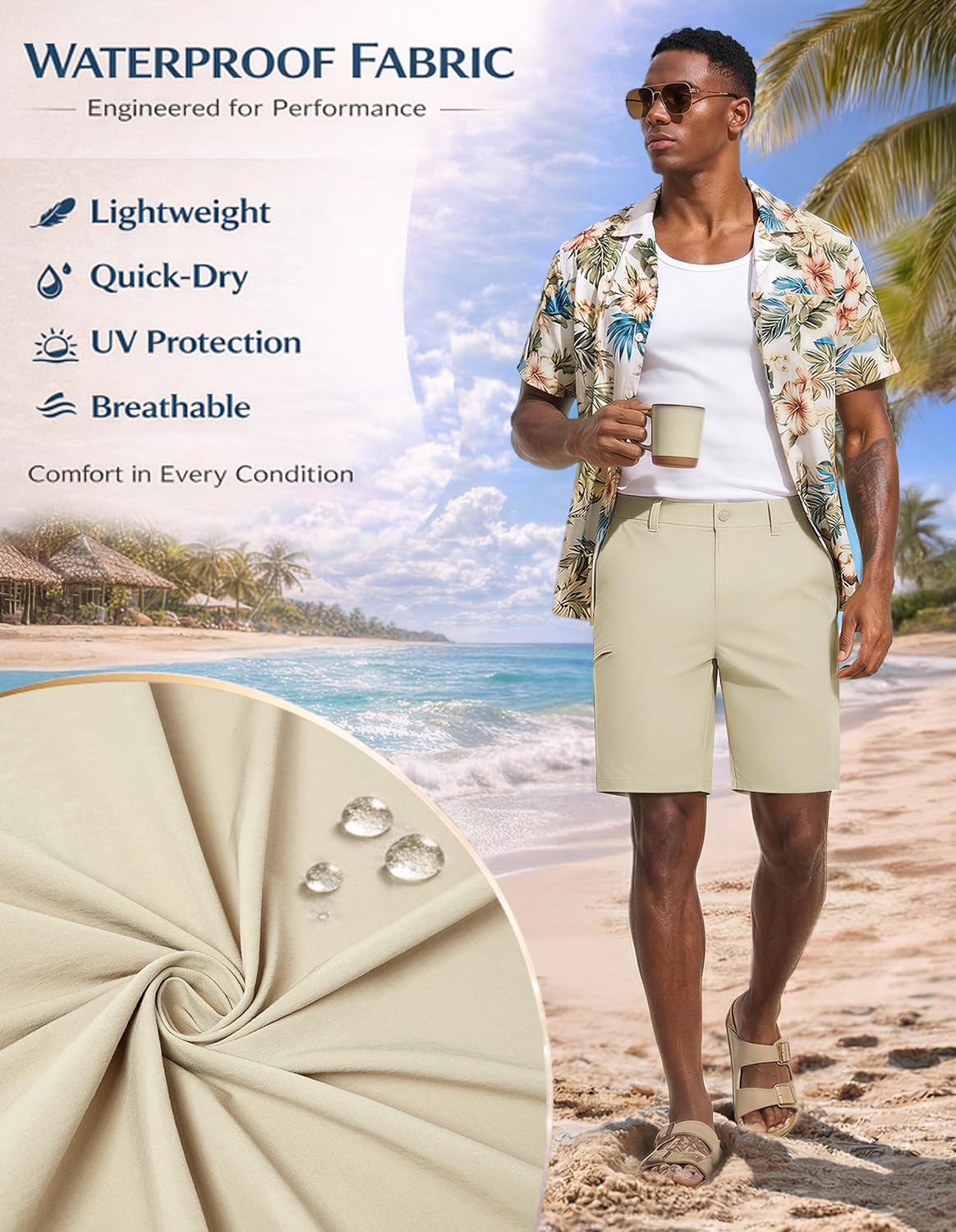 PULI Men's Golf Shorts Stretch Casual Dress 10 Inch Inseam Lightweight Quick Dry Waterproof Hiking Shorts with Pockets