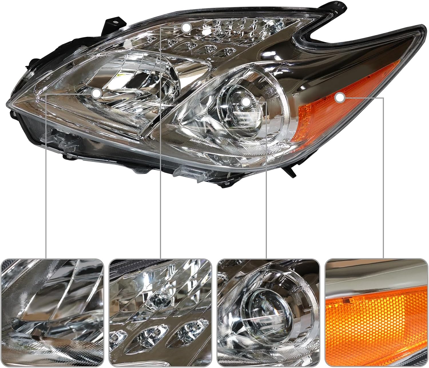 Headlight Assembly Fit for Toyota Prius 2012 2013 2014 2015, Halogen Lamp (Not Included), Replacement 81130-47520, 81170-47520, 8113047520, 8117047520, Driver Side (Left)