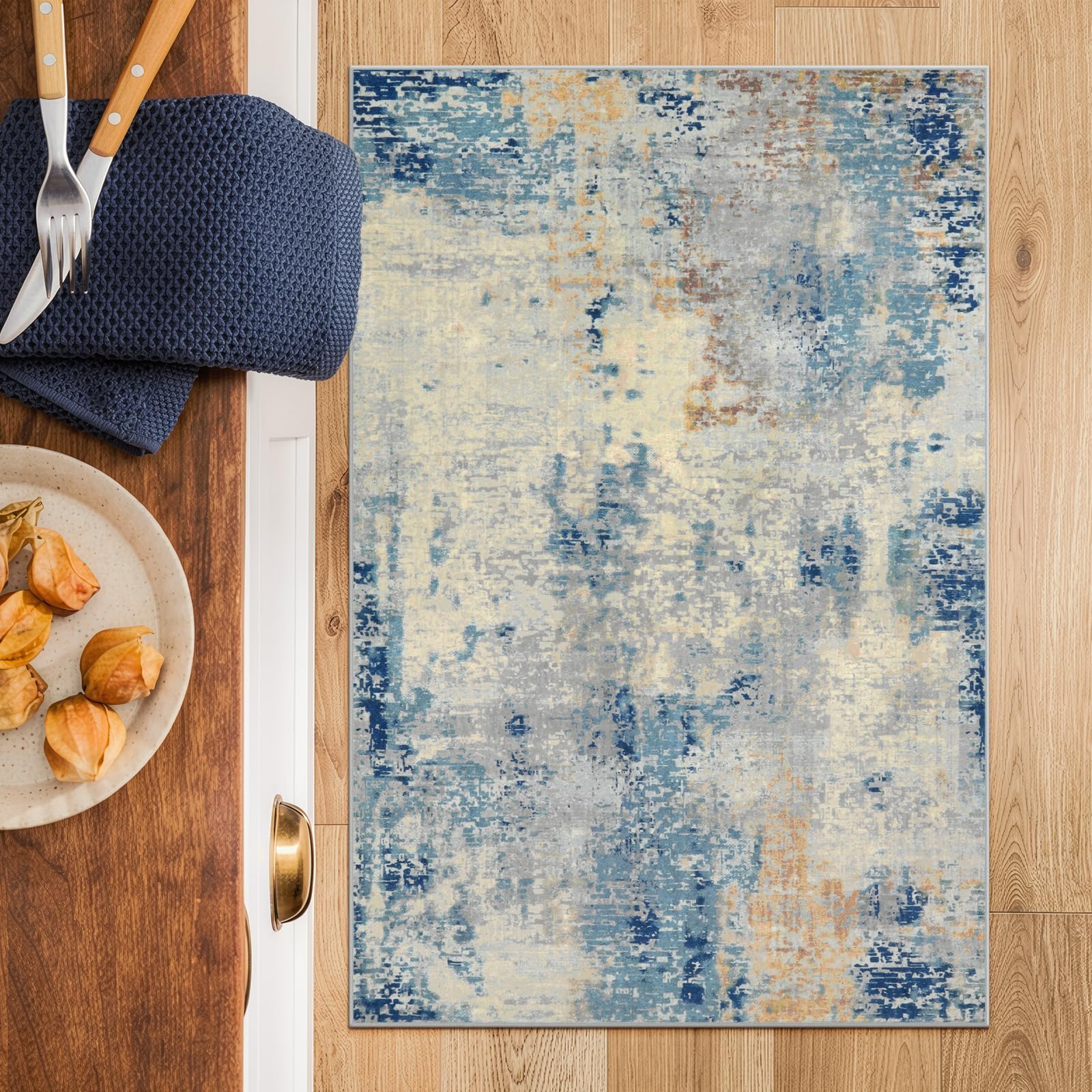 Lahome Modern Abstract Kitchen Rug - 2x3 Washable Small Front Doormat Soft Throw Rugs for Entryway Non-Slip, Contemporary Faux Wool Floor Indoor Carpet for Bathroom, Blue/Yellow/Ivory