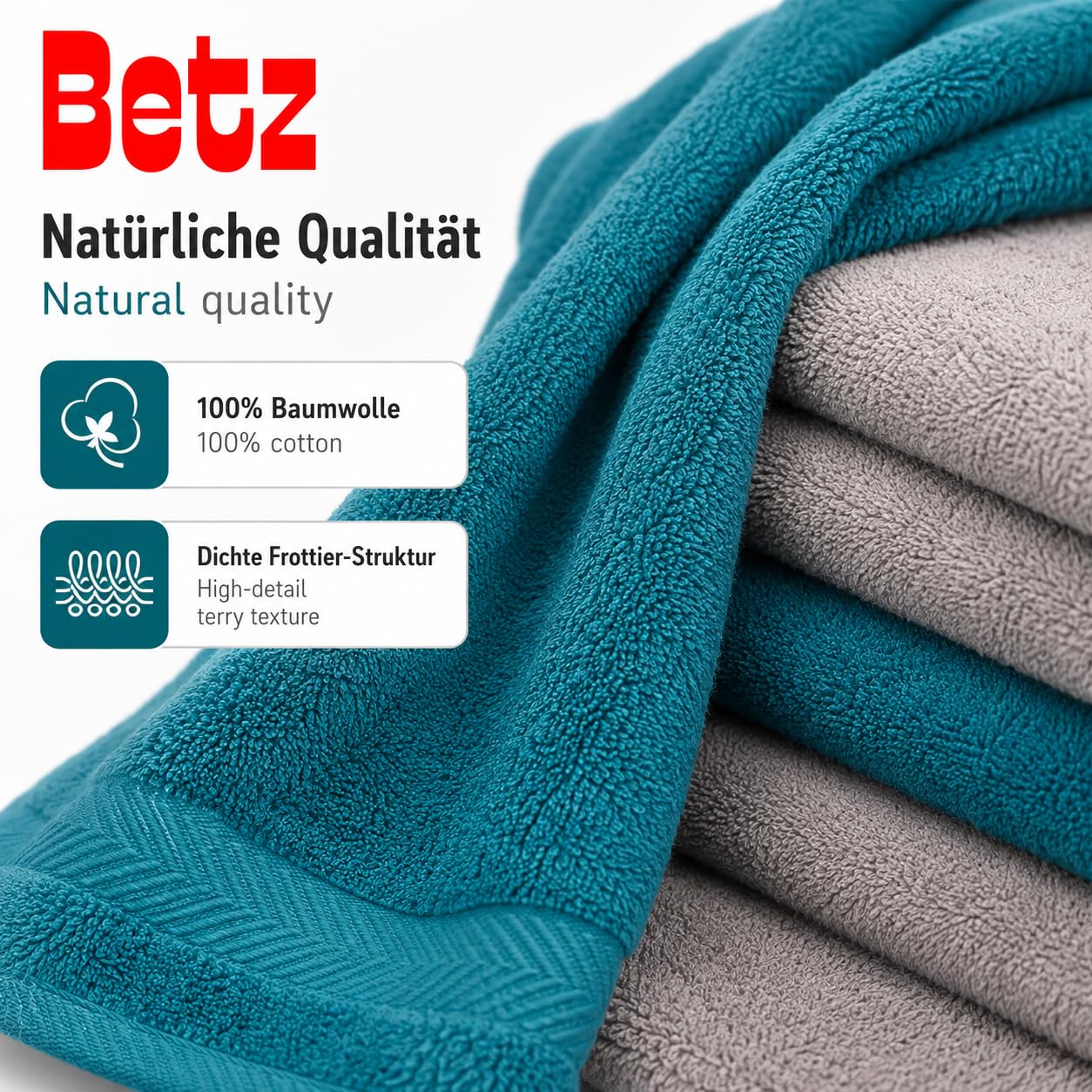 Betz Lot de 12 pièces 100% Coton Palermo 2 draps de Bain 4 Serviettes de Toilette 2 d'invités 2 lavettes 2 Gants de Toilette Couleur Bleu pétrole et Gris Pierre