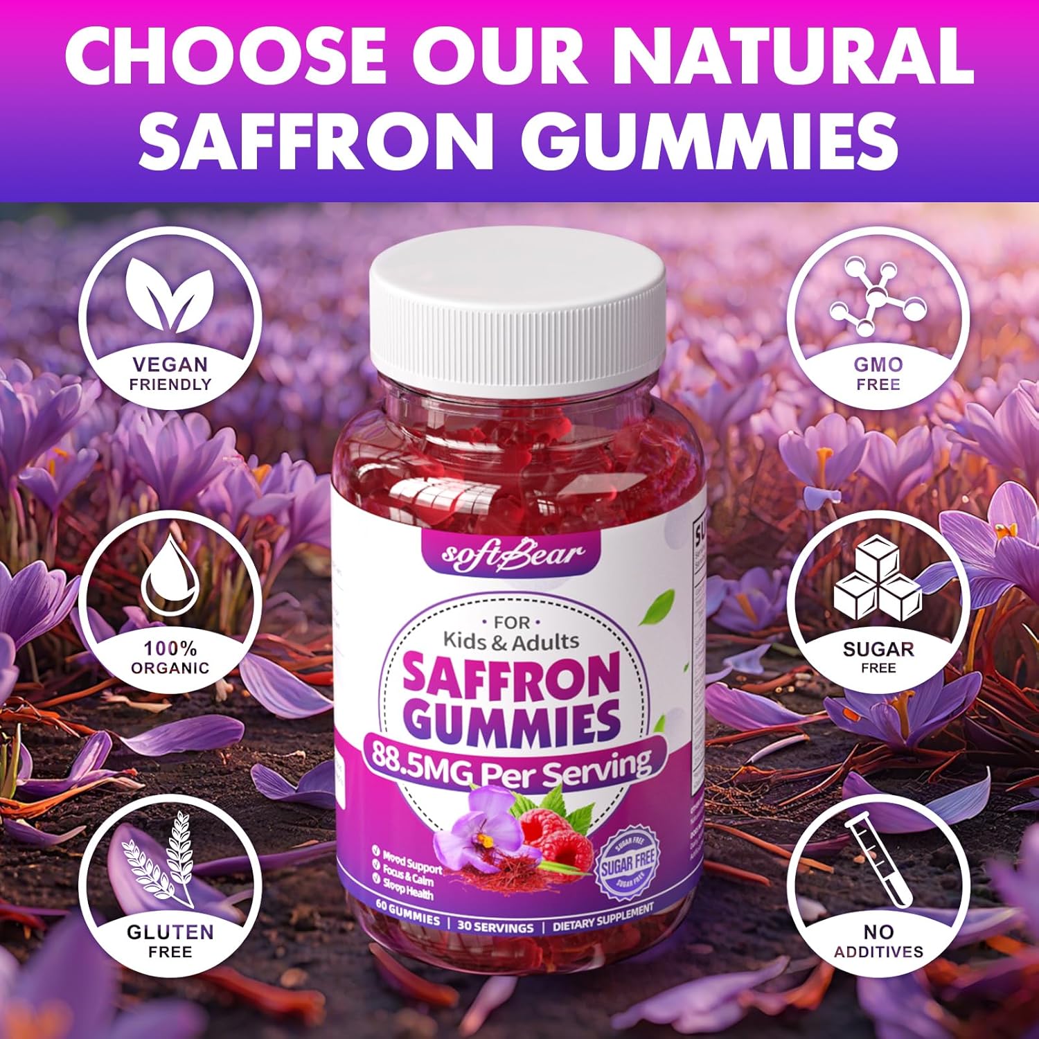 softbear Saffron Gummies for Kids & Adults, 10-in-1 Organic Saffron Supplements with 88.5mg Saffron Extract Support Calm Mind & Focus & Zzz, Sugar Free/Non-GMO, Raspberry Flavor 120 Count