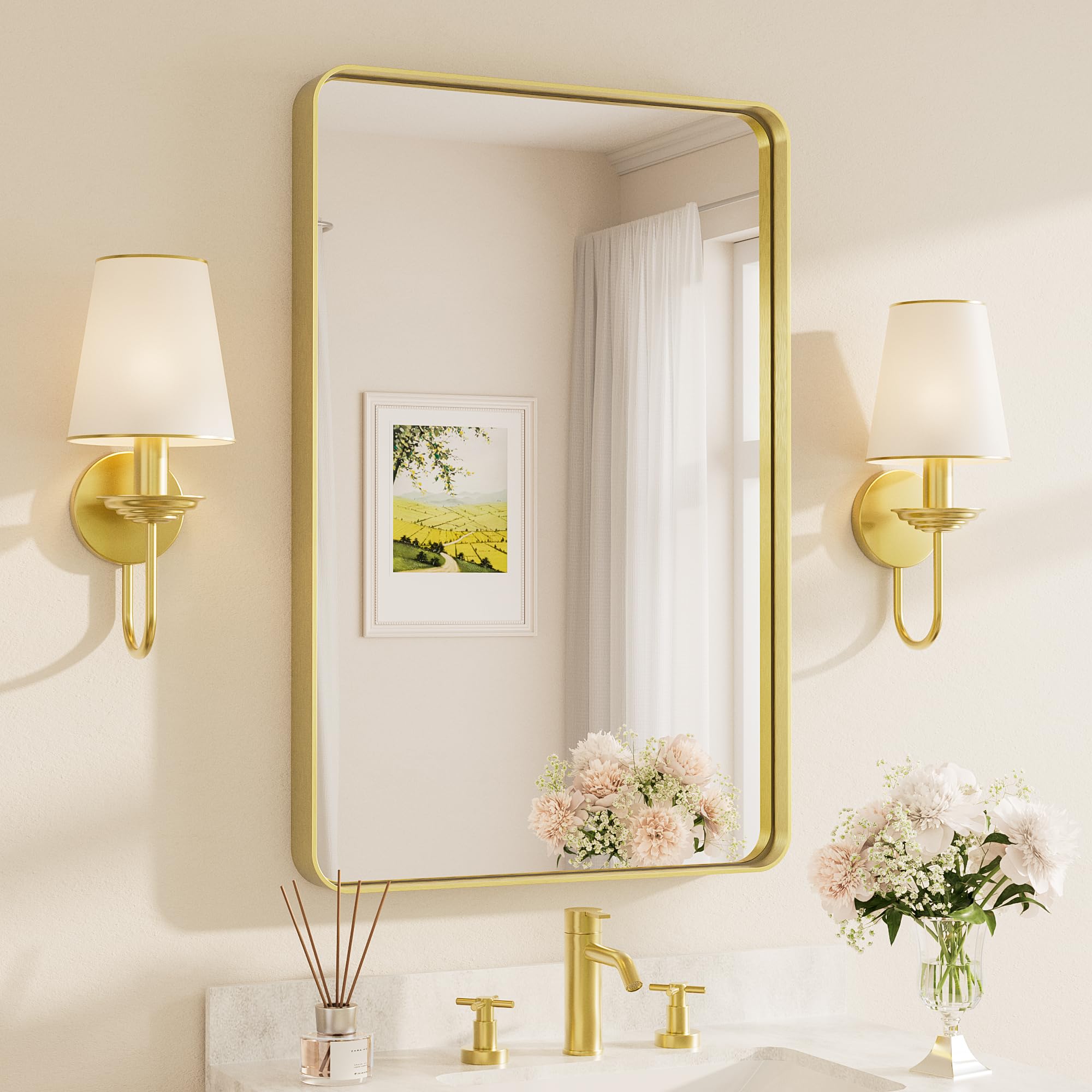 TETOTE Brushed Gold Bathroom Mirror 24 x 36 Inch Metal Framed Mirror Brushed Brass Rectangle Wall Mounted Golden