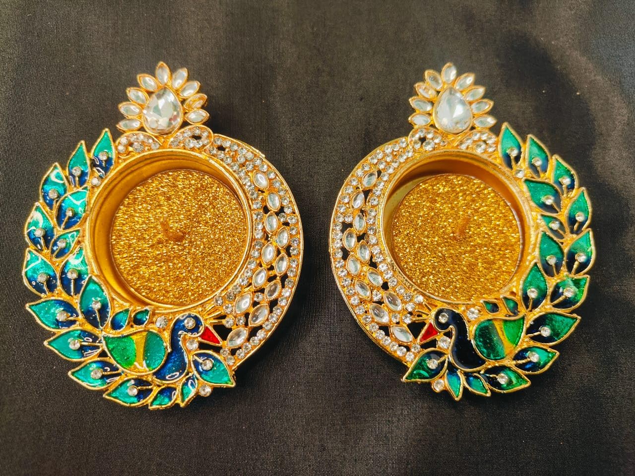 Alite Mart Peacock T Light Holder (Metallic) with Kundan Work Art Metal & Crystal Diya with Peacock Design's Pack of 2 (Blue Peacock Sitting Diya)
