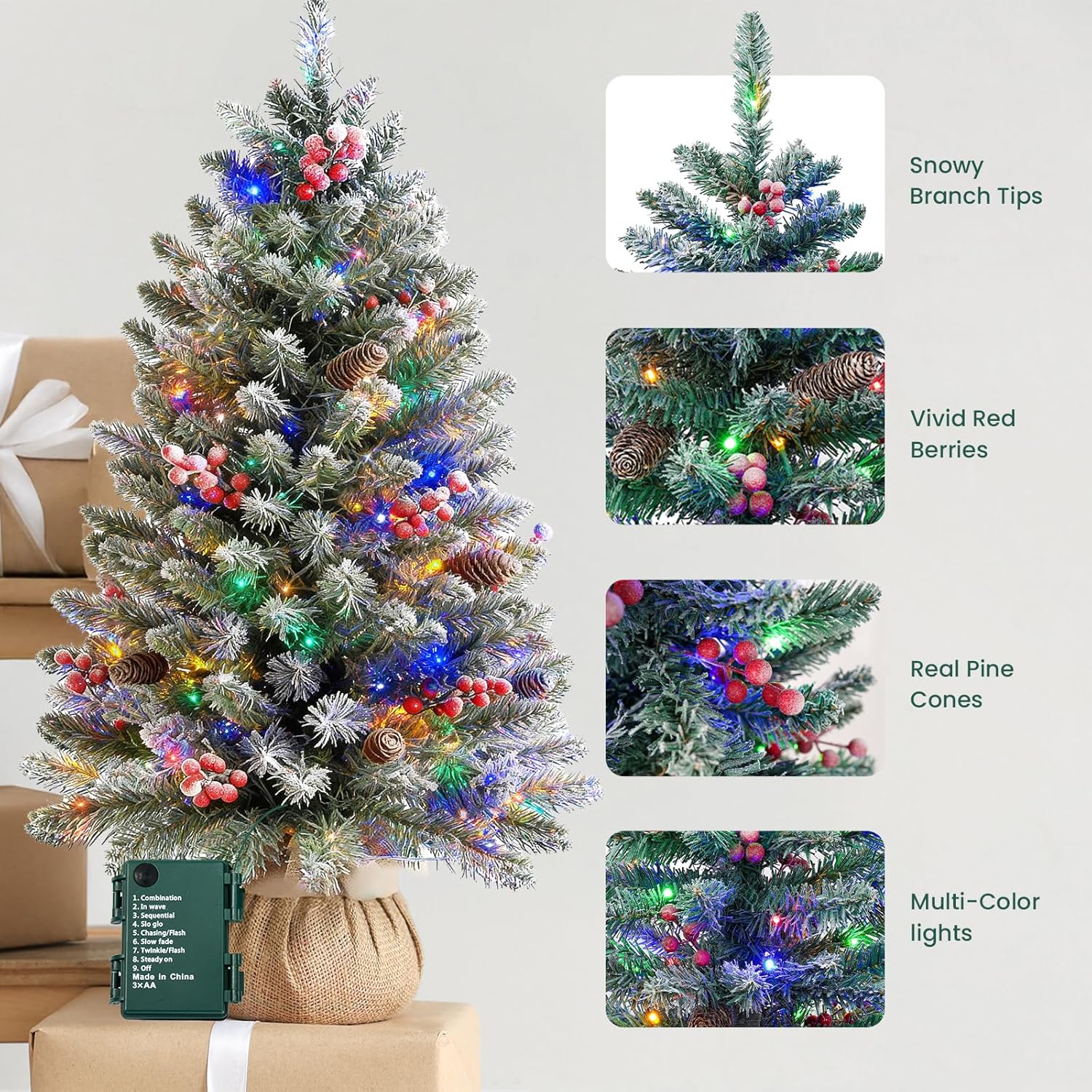 3 Ft Artificial Mini Christmas Tree, Snowy Tabletop Christmas Tree 50 Colorful Lights Timer Battery Operated 110 Branches 12 Pinecones 84 Red Berry Burlap Base Xmas Decor