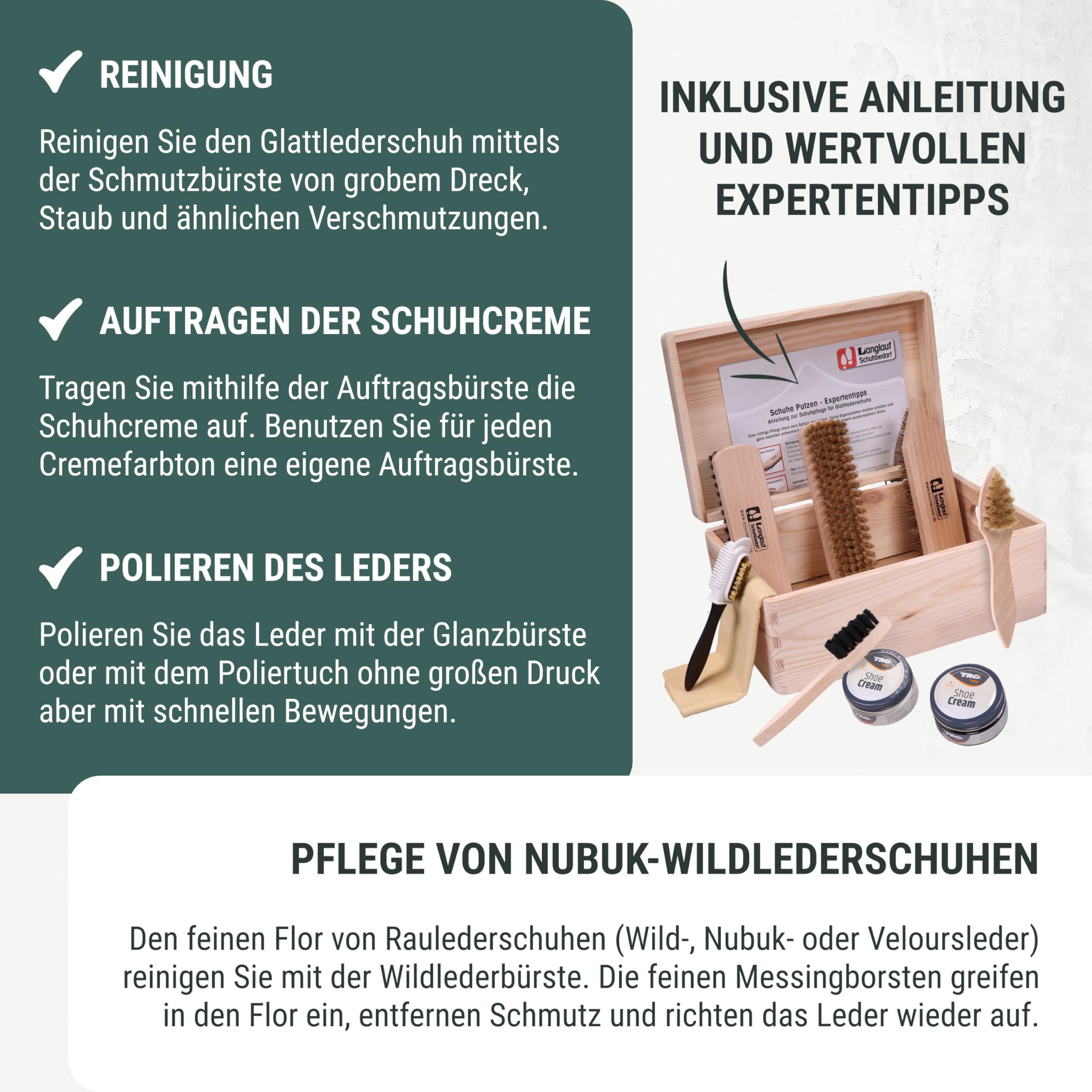 Langlauf Schuhputzset Verona 9-teilig mit Bürsten und Cremes im Holzkasten | Schuhcremes in Schwarz und Neutral, Poliertuch und Bürsten für Glattleder sowie Spezialbürste für Rauleder und Wildleder
