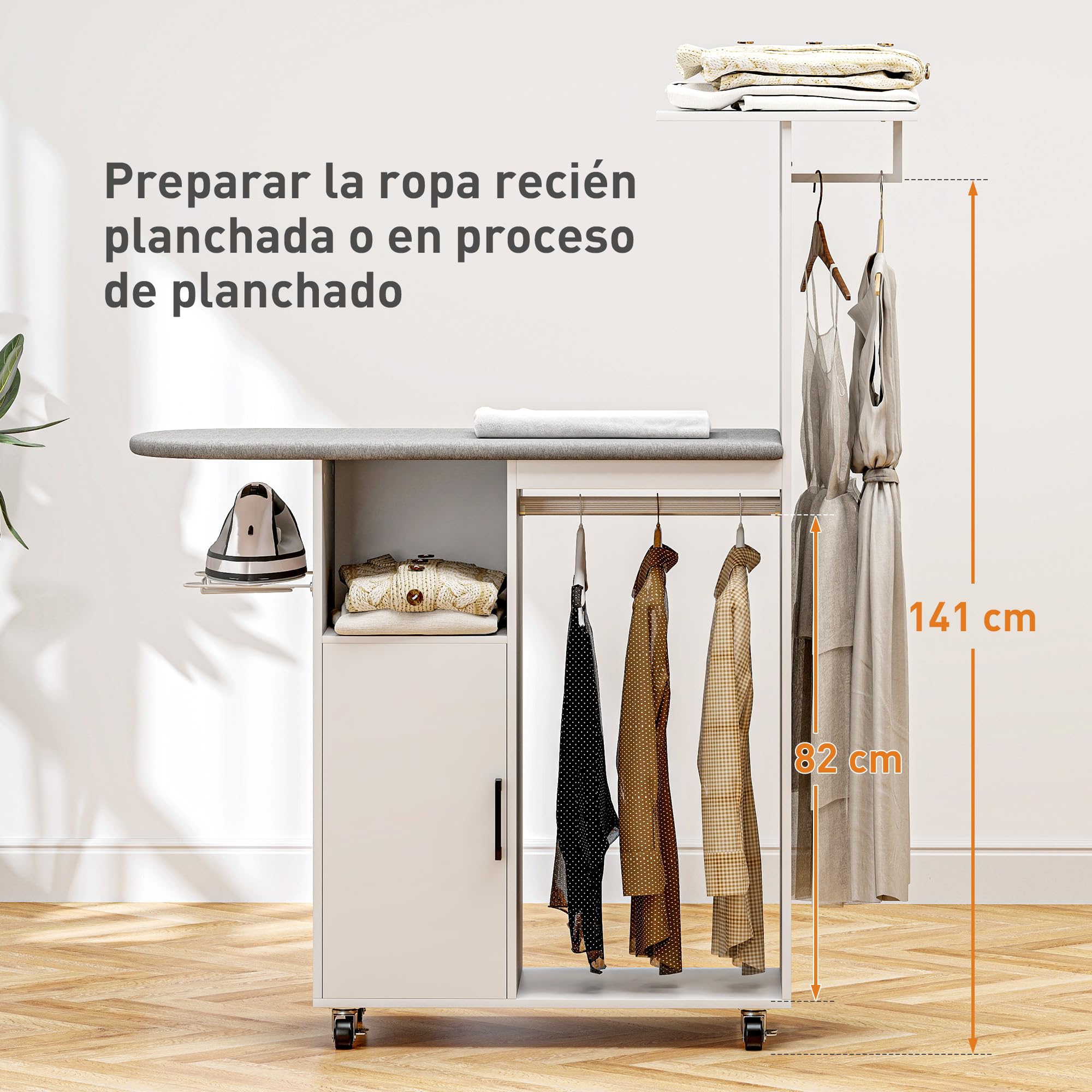 HOMCOM Mueble de Planchar Ruedas Soporte Lateral 127,5x43,5x153 cm Blanco | Mueble de Planchado, Tabla de Planchar, Barra para Ropa, Estante Ajustable