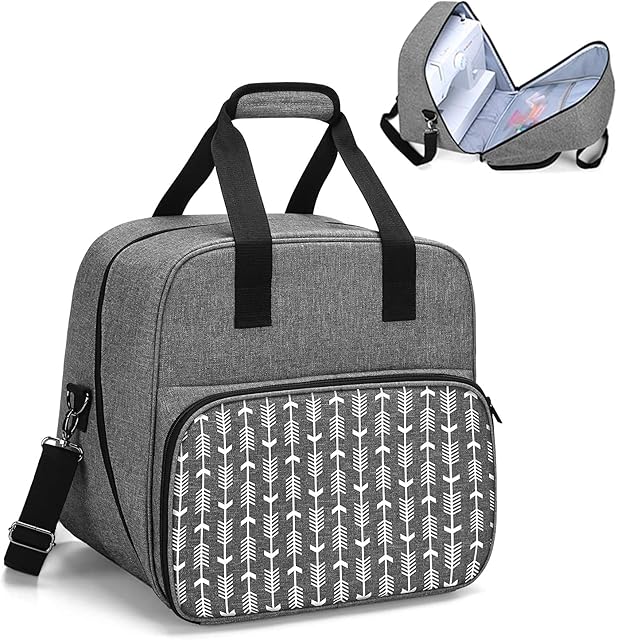 Yarwo Sewing Machine Bag with Bottom Wooden Board, Universal Sewing Machine Case Fit for Most Standard Sewing Machine and Accessories, Grey with Arrow Pattern