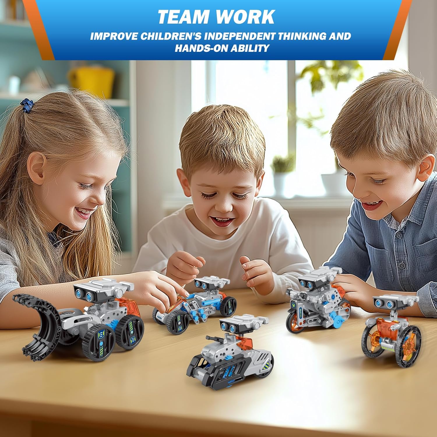 Three children playing with different assembled robot models on a table.