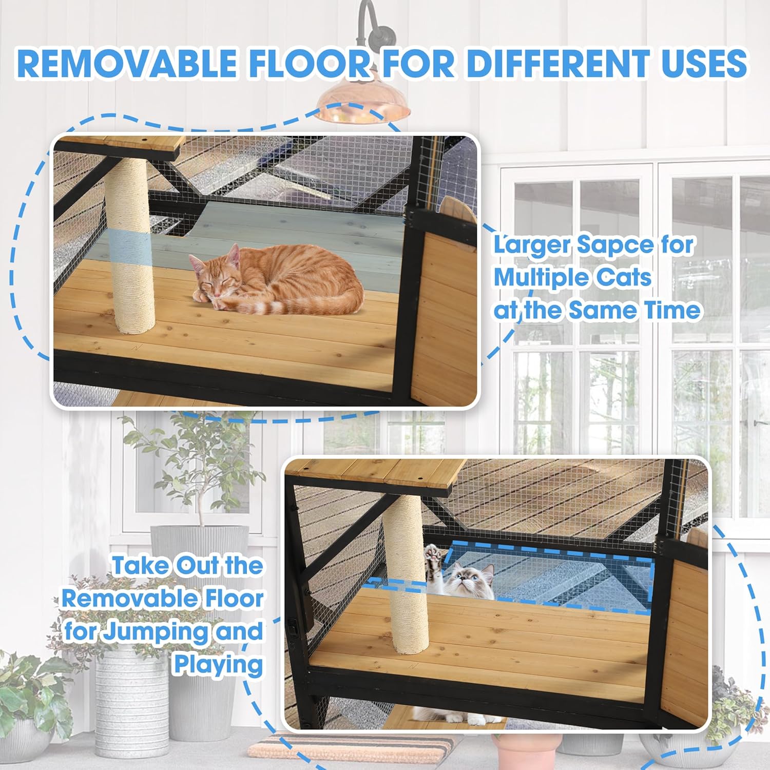 Catio Outdoor Cat Enclosure with Scratcher - 4-Tier Large Indoor Wooden Window Catio Cats House W/Asphalt Waterproof Roof, Wheels, Resting Box, Platforms, Kitten Toys Ball