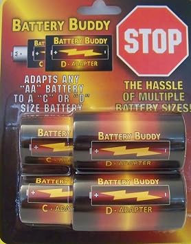 AA to C battery converter, AA to D battery spacer, C to D battery adapter by Battery BuddyTM 1 Pack