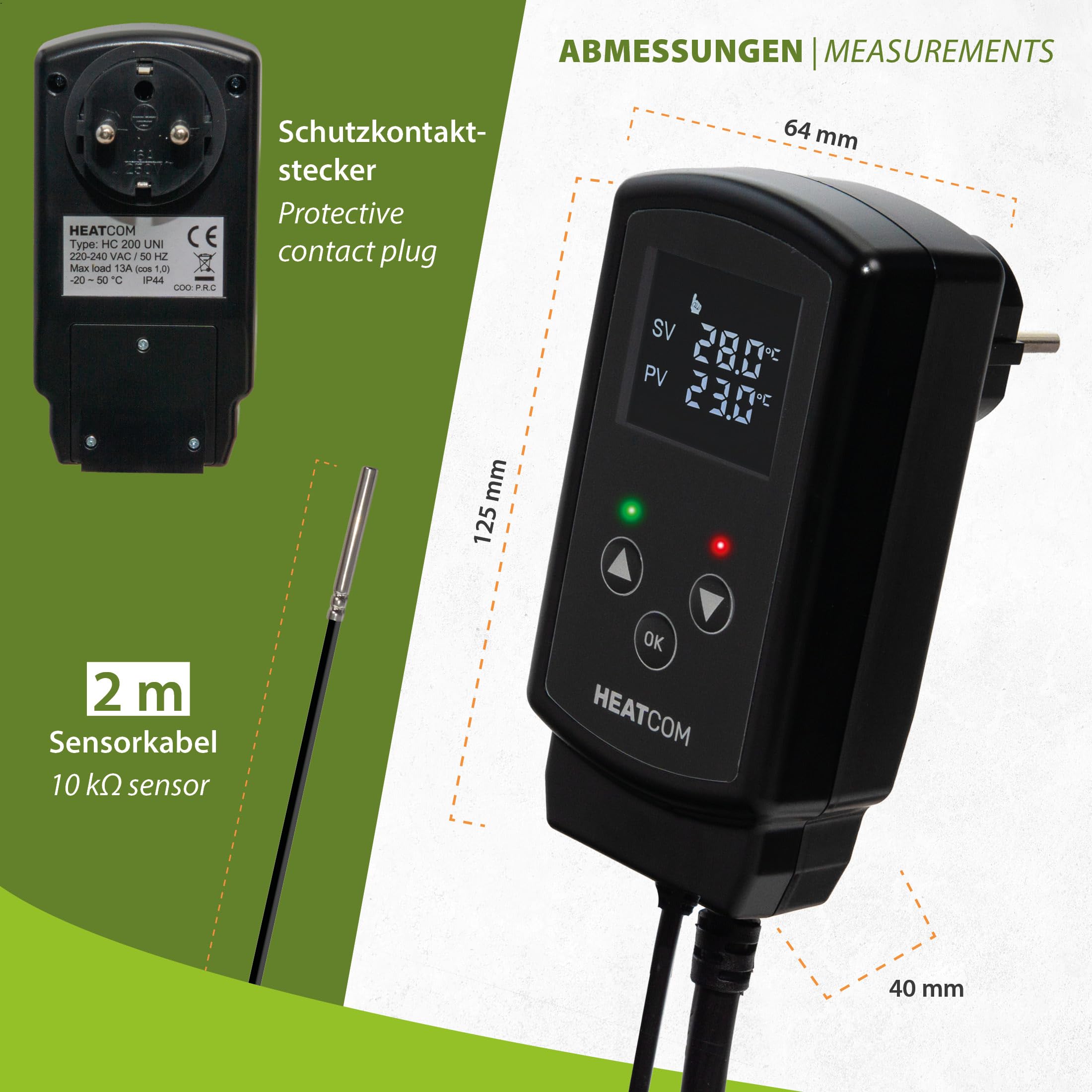 HC200 UNI termostat do gniazdka zewnętrznego, czujnik 2 m, IP44, 3000 W