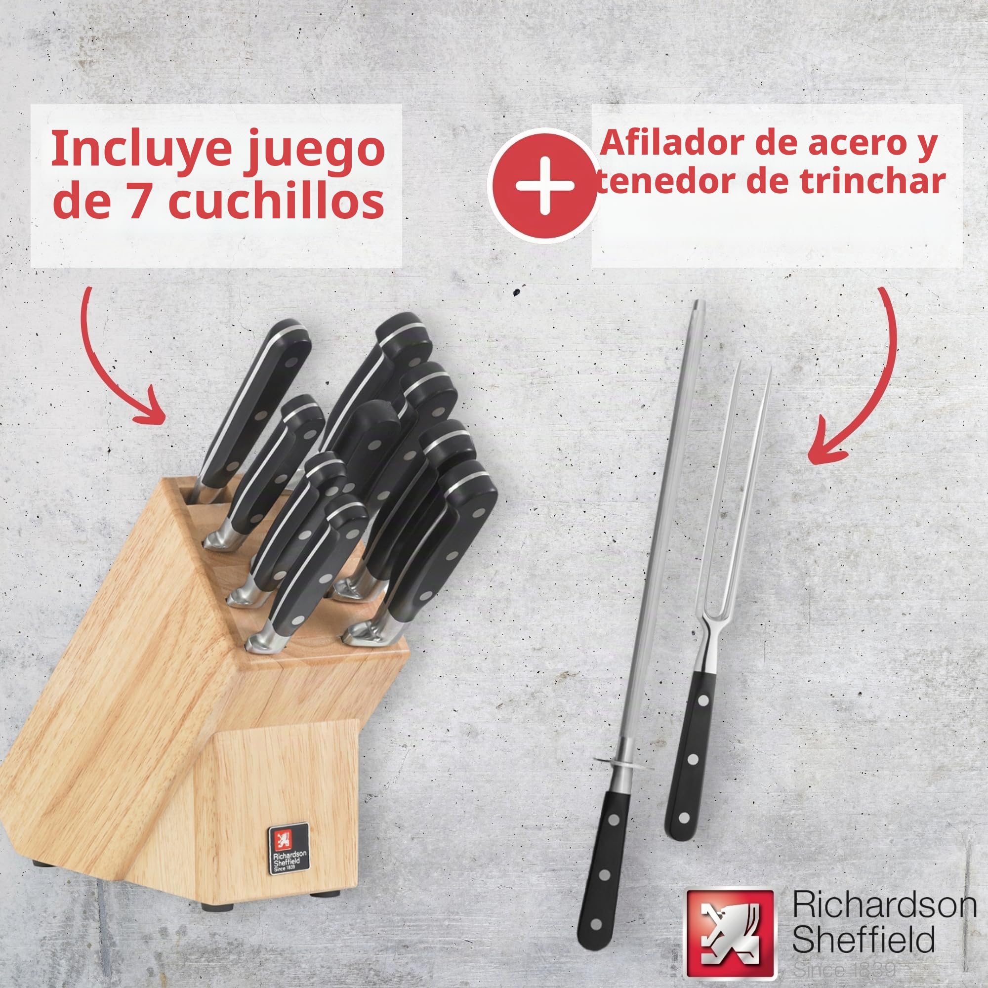 RICHARDSON SHEFFIELD V SABATIER Bloque Juego Verduras, deshuesar, Cuchillo de Chef, Tenedor de trinchar, Afilado, etc Plástico Cromo-molibdeno-vanadio, Madera Acero Inoxidable, Multicolor, talla única