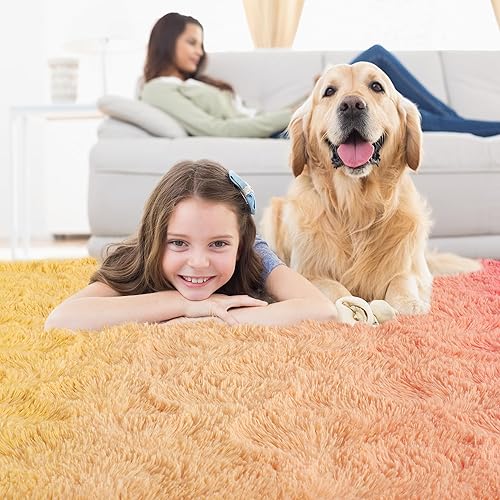 Miniatura 7 de Noahas Alfombras para dormitorio, alfombra amarilla y rosa de 4 x 6 pulgadas, alfombra de arco iris esponjosa para dormitorio de niñas, alfombra