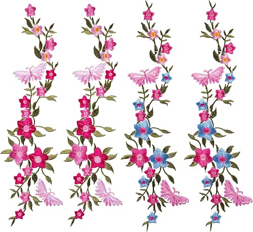 CHANZET Parches bordados de flores para planchar, 4 piezas, parches bordados de flores de mariposa, parches bordados con apliques florales para