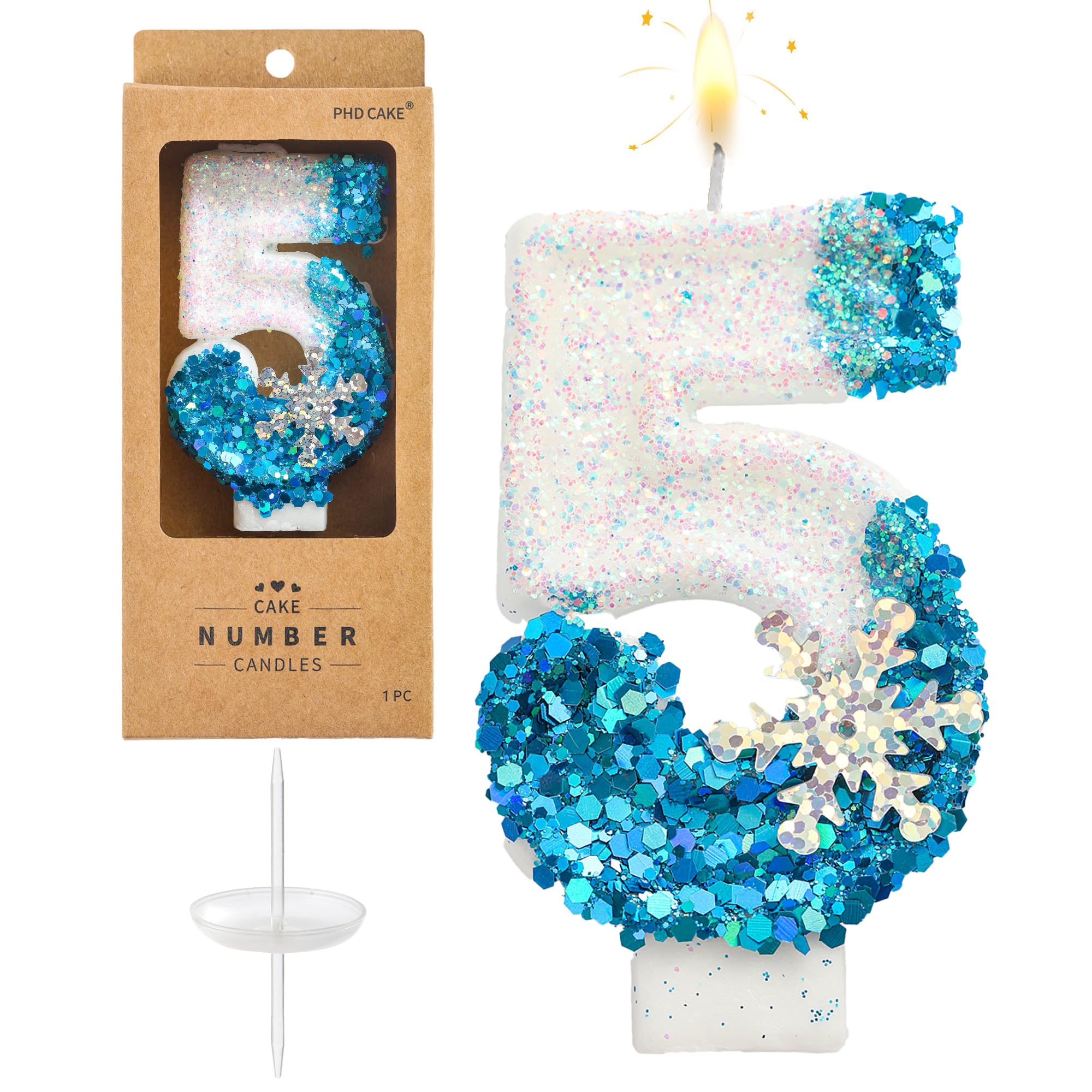 PHD CAKE Number 5 Snow Birthday Candles, Frozen Birthday Candles, Snow Themed Number Candles, Party Celebration