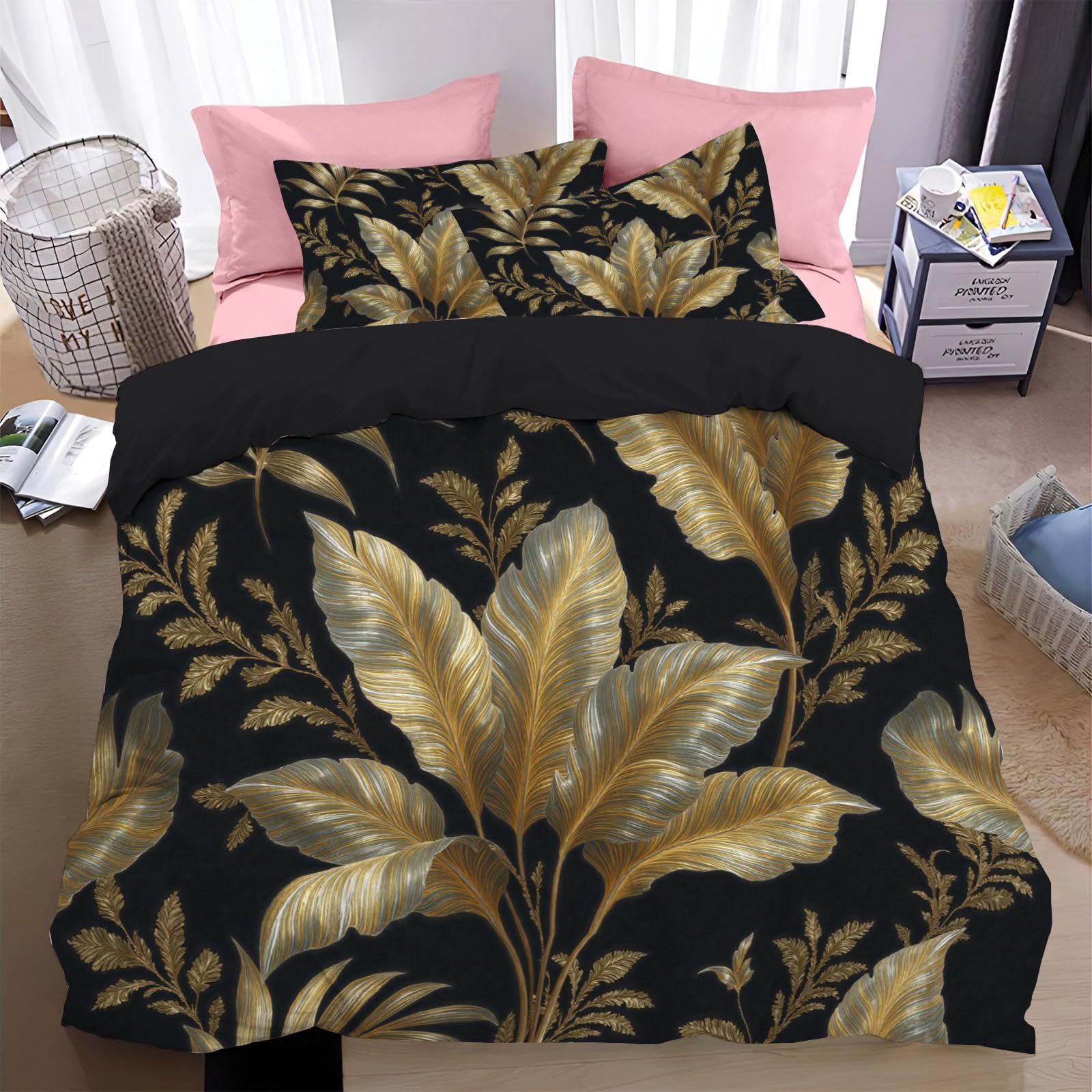 Housse de couette 200x200cm plantes tropicales dorées parure de lit feuilles de palmier et bananier