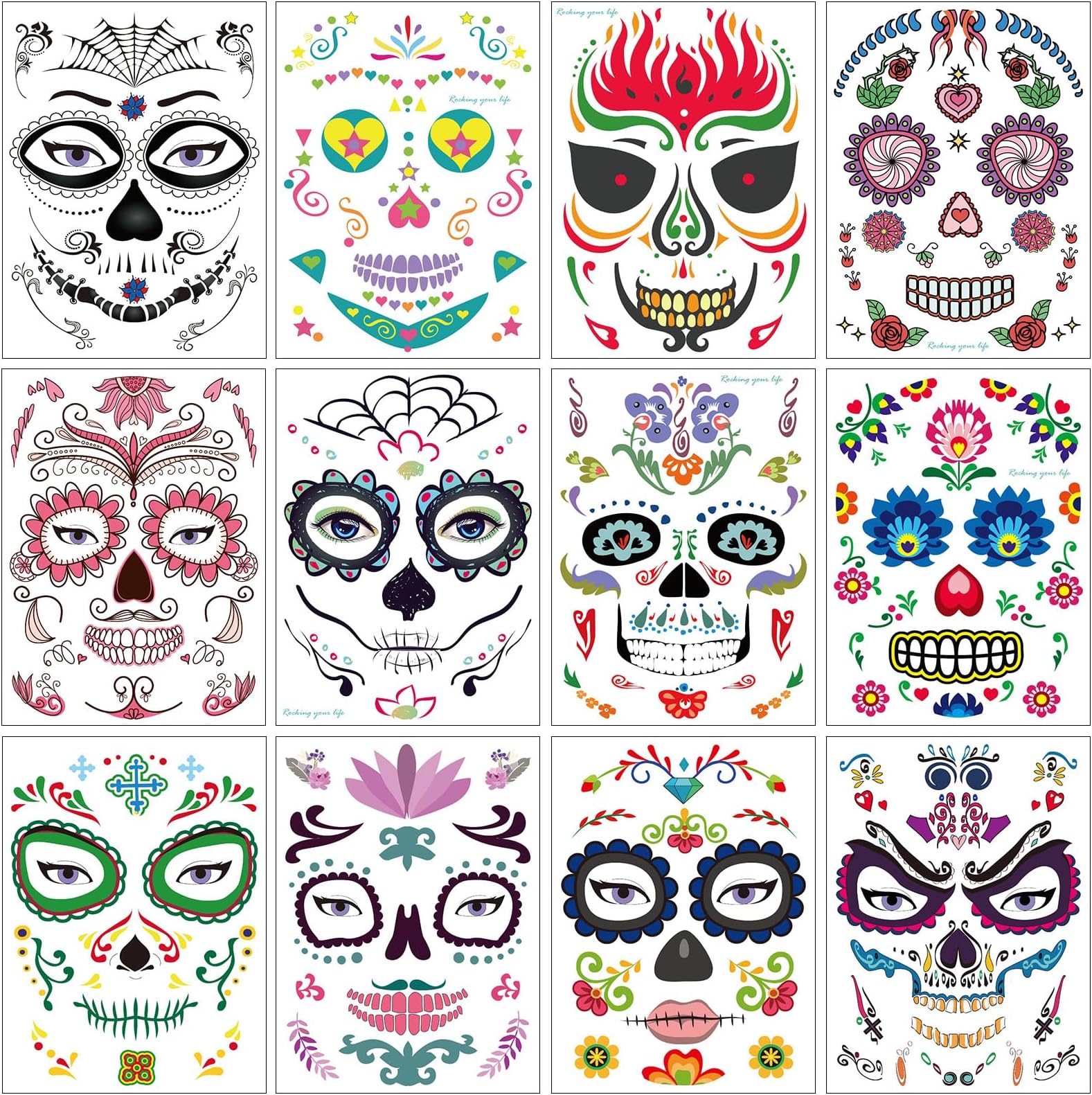 Halloween Temporary Face Tattoos (12Pack), Konsait Day of the Dead Sugar Skull Floral Black Skeleton Web Red Roses Full Face Mask Tattoo for Women Men Adult Kids Boys Halloween Party Favor Supplies