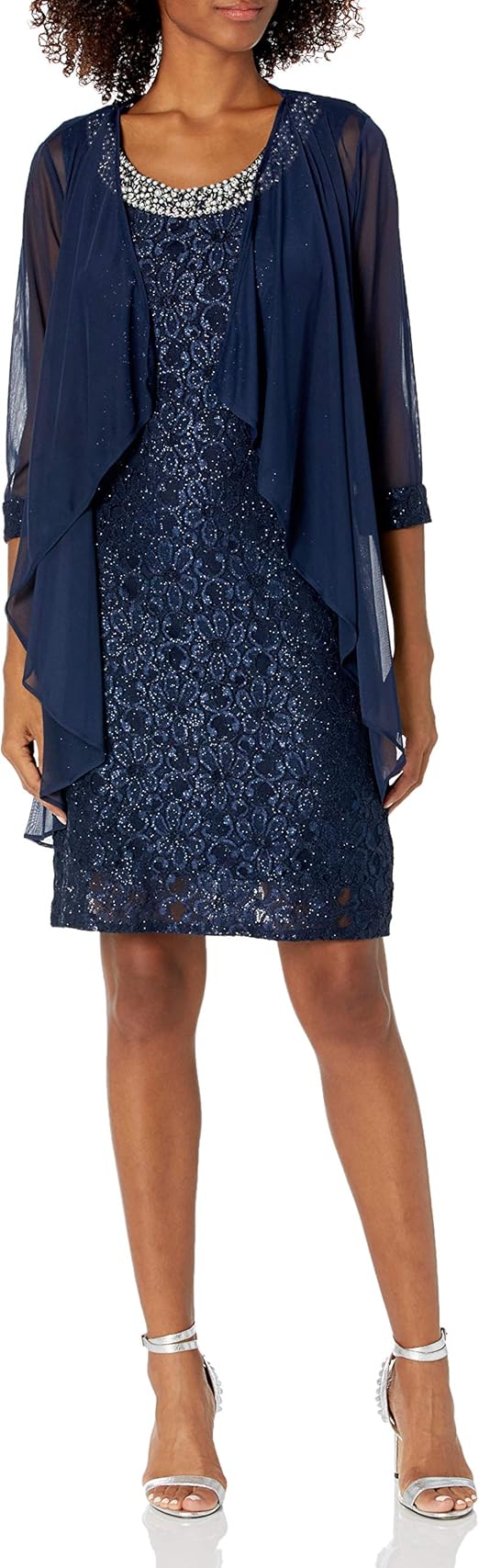 R&M Richards Women's Two Piece Fly Away Jacket Over Beaded Neck Laced