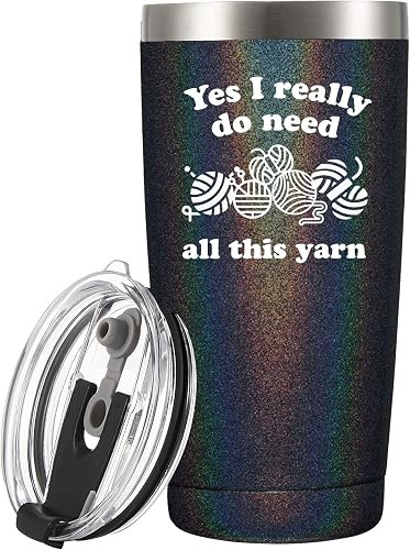 Panvola Yes I Really Do Need All This Yarn Tumbler Crochet Gifts For Crocheters Knitters Grandma from Granddaughter Daughter Son Mothers Day Abuela Vacuum Insulated Travel Mug (Black Glitter, 20 oz)