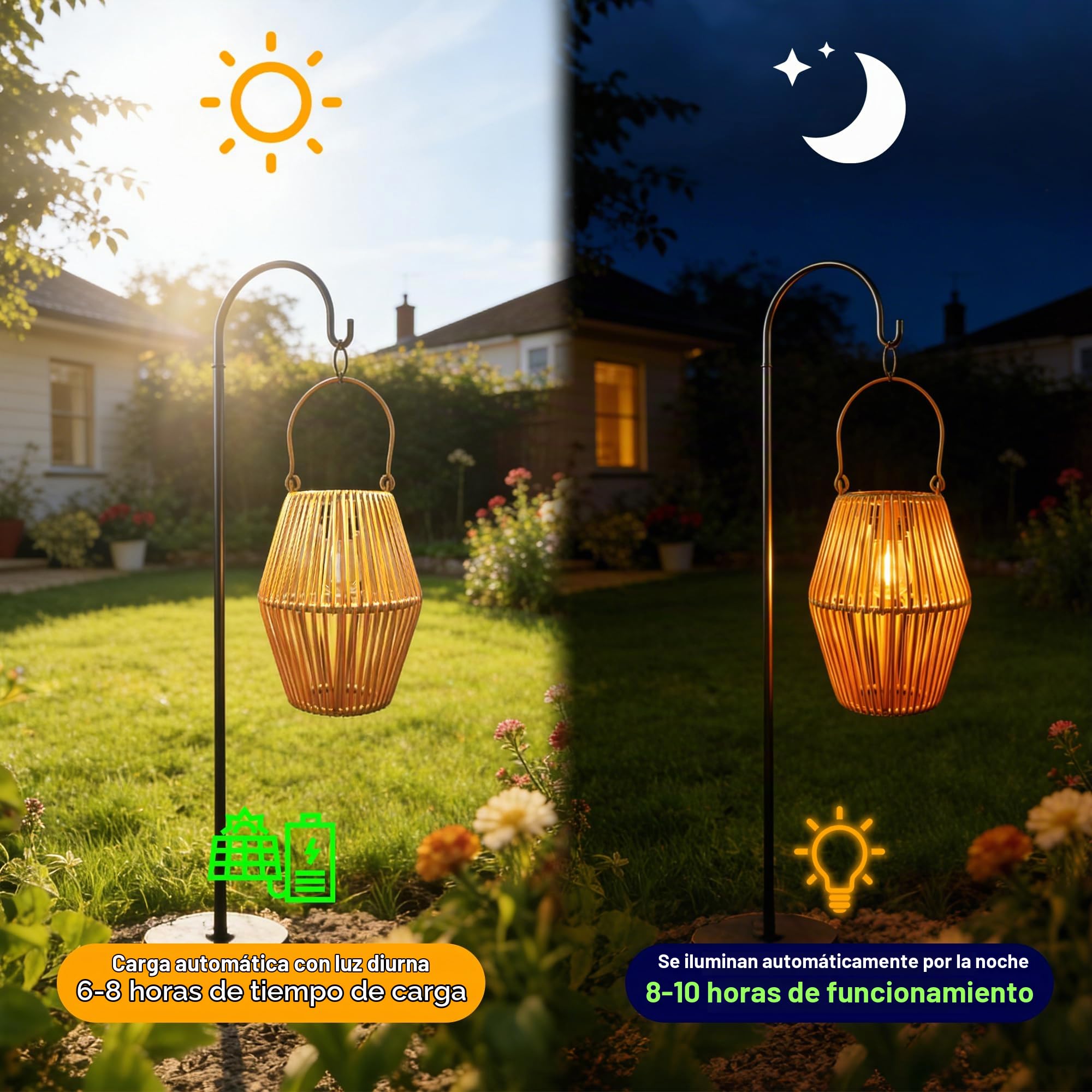 Ollny Solarlaterne para exteriores, 2 piezas luces solares de ratán estilo bohemio blanco cálido, impermeables colgantes y de pie, perfectas para decoración de jardín, balcón, terraza