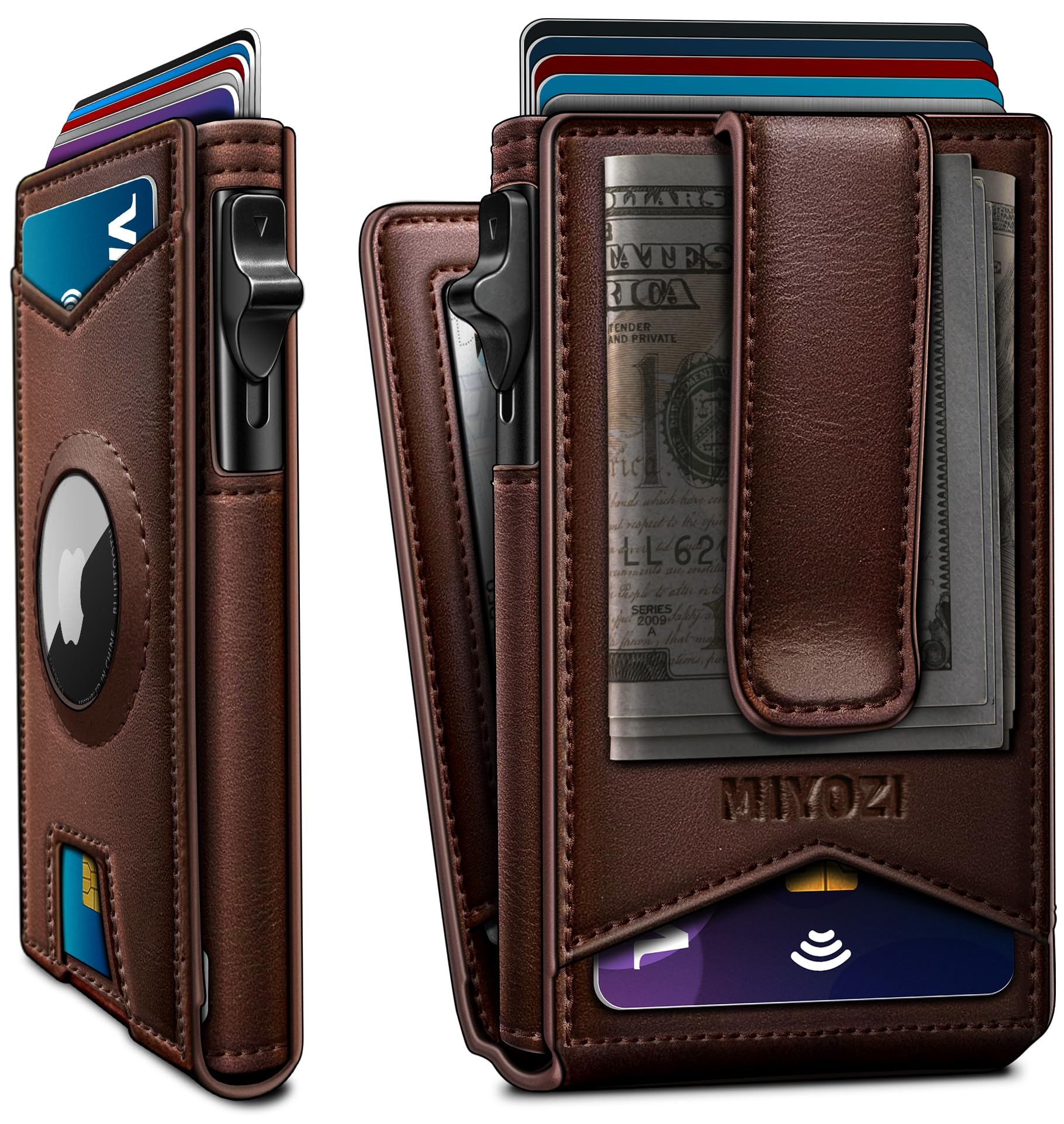miyozi Airtag Wallet for Men Money Clip 9-Card Pop-Up Credit Card Holder with ID Window RFID Blocking Metal Case Magnetic Closure Front Pocket Wallet Gift Box