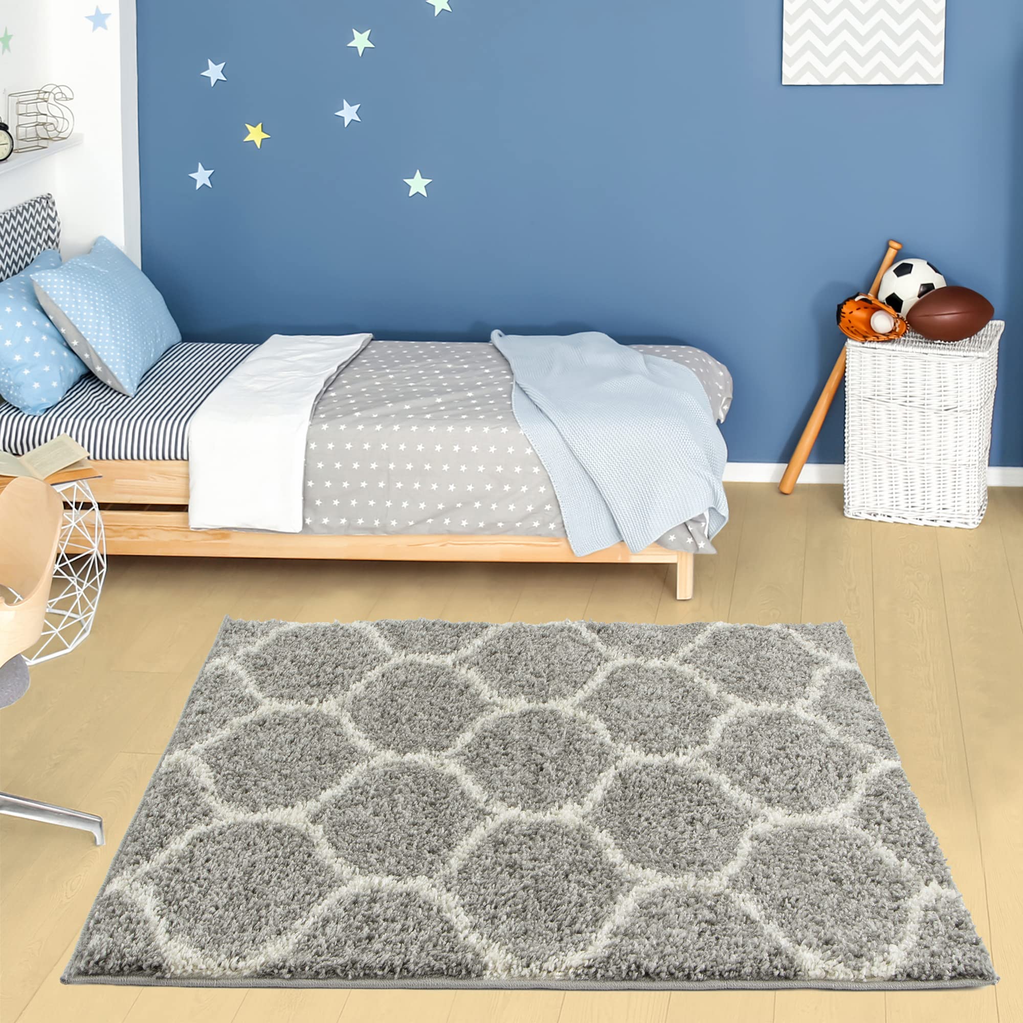 The Rugs Unisex Grey Soft Trellis Shaggy Rugs & Runners & Ivory Living Room | Size: 120Cm X 120Cm