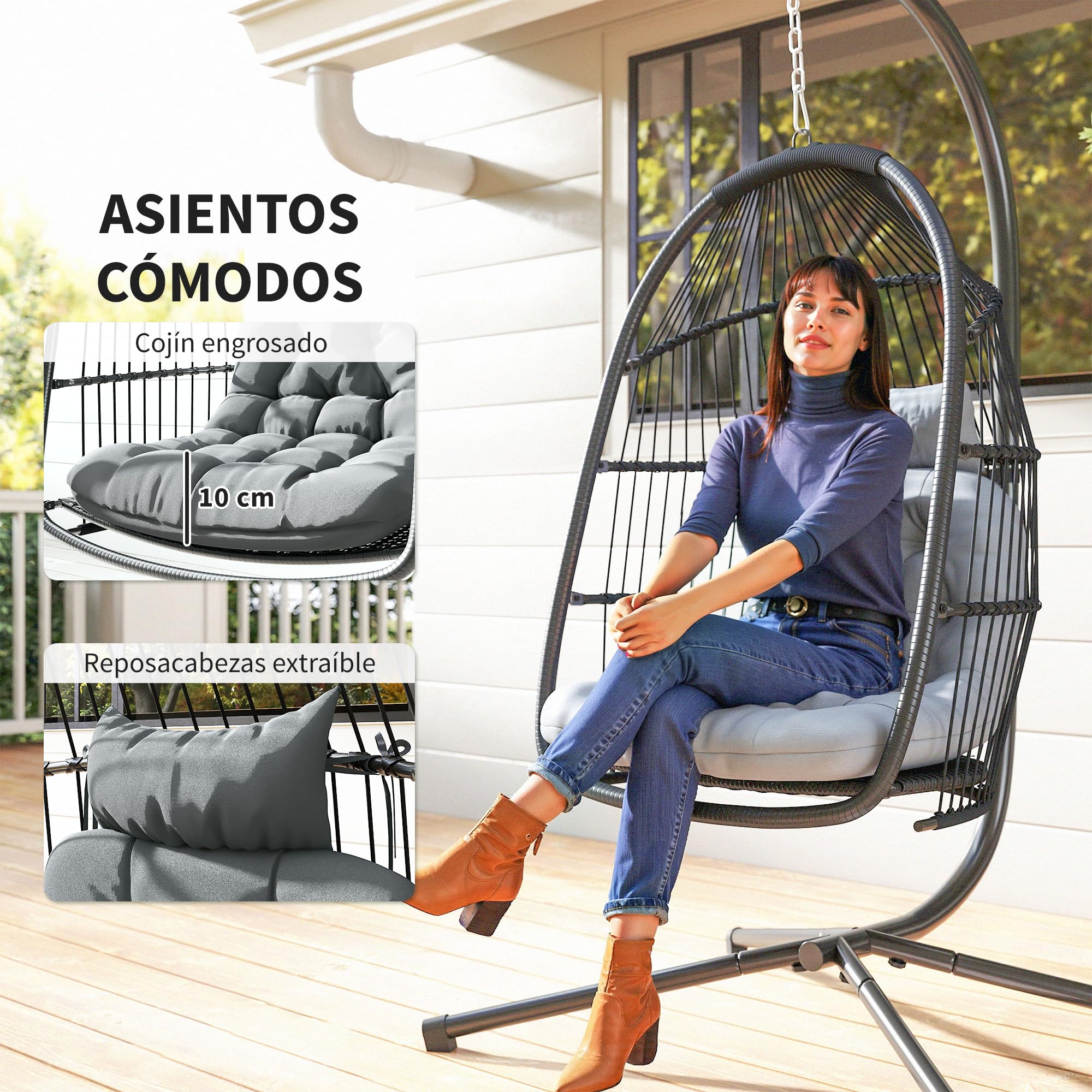 Outsunny Silla Colgante Huevo con Soporte Exterior 150 kg Gris Oscuro | Columpio Jardín, Cesta Plegable, Cojín Anti-UV, Reposacabezas Desmontable, Uso Interior