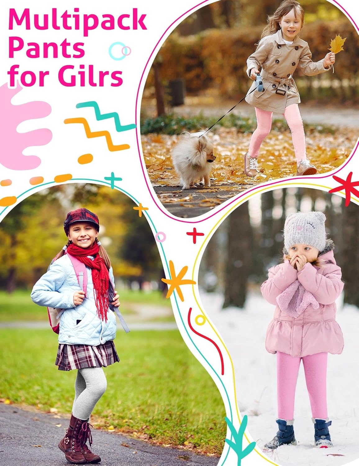 Girls Leggings Cotton Leggings Basic Girls' Pants for Kids Toddler Teens Soft Footless Pull On Pants Multipack 2T-14Y - Image 2