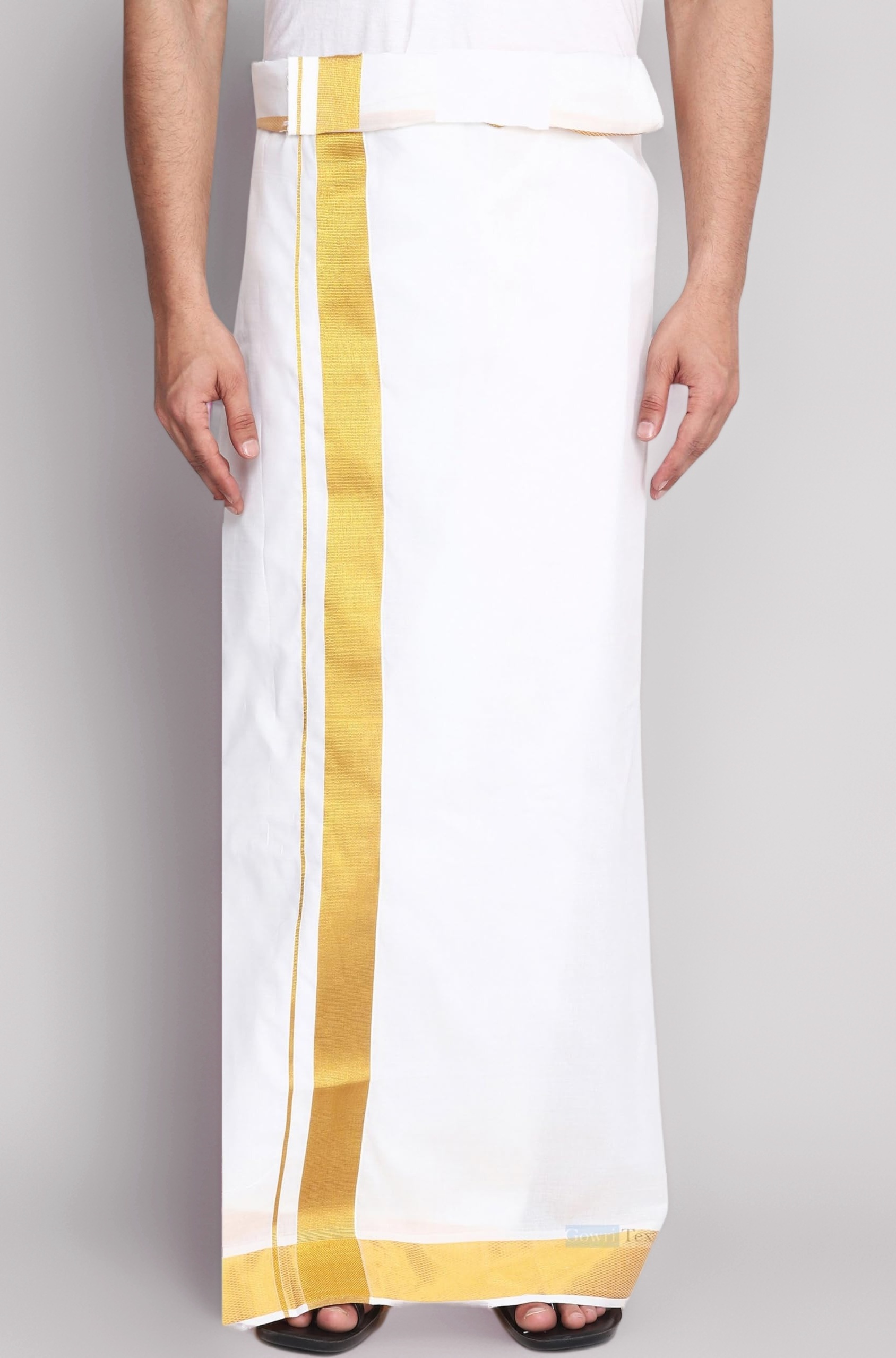 Gowri Tex Men's 100% Pure Cotton White With Gold Jari Lungi in Size 2 Mtrs Single Lungi- Pack Of 1