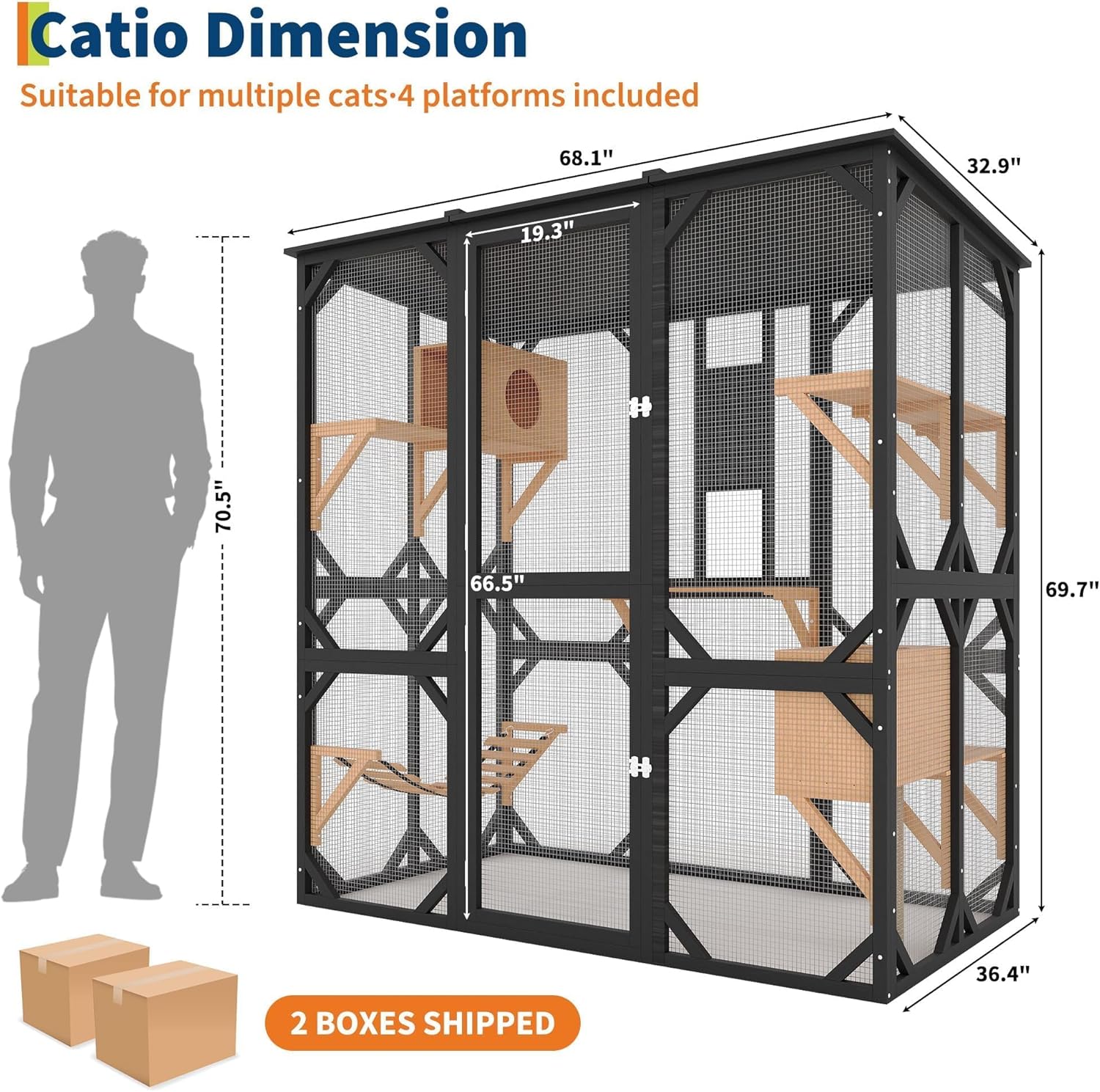 Large 70" Outdoor Catio Enclosure with Window Access Door & Asphalt Roof, Walk-in Cat Cage with 4 Platforms, 2 Sleeping Houses for Multiple Cats, Compatible with Cat Tunnel