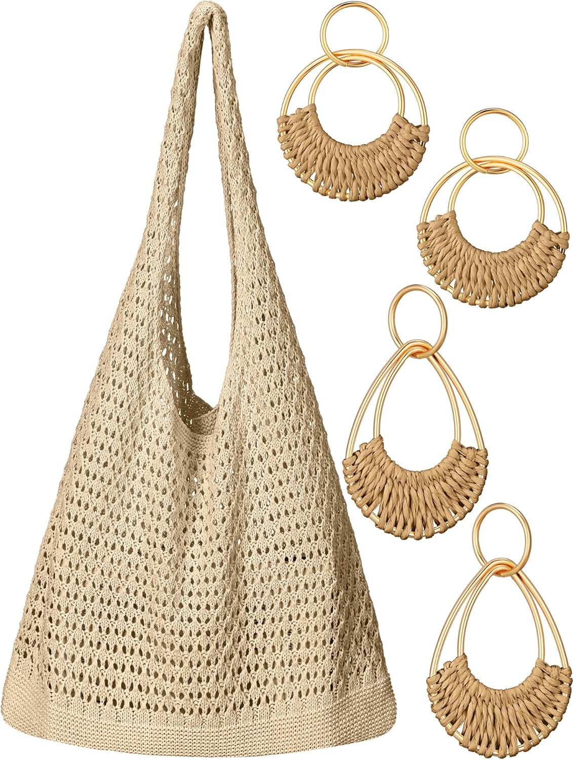 Abbylike crochet beach bag with rattan earrings for women vacation.