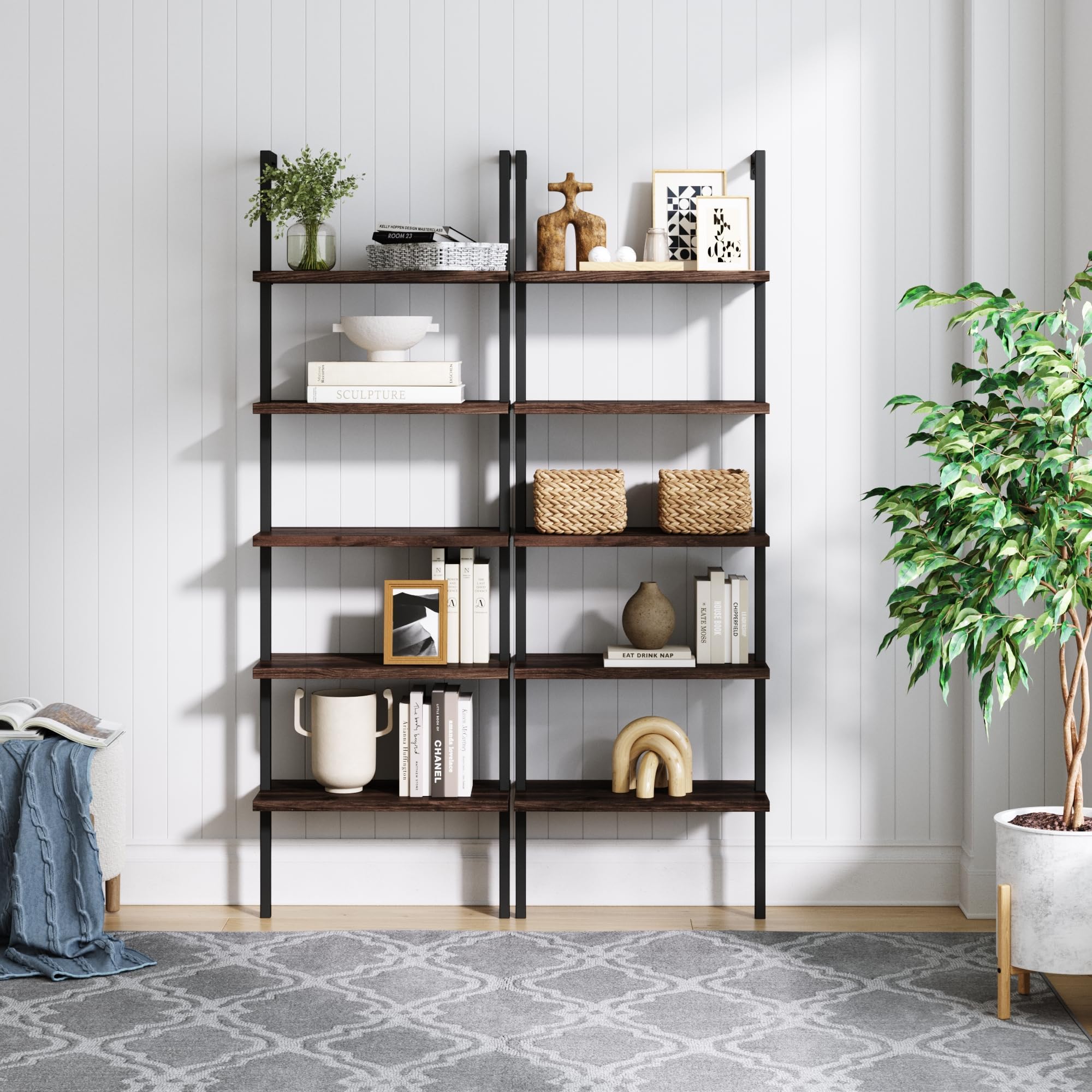 65501 Theo 5-Shelf Wood Modern Bookcase, Open Wall Mount Ladder Bookshelf with Industrial Metal Frame, Dark Walnut Brown/Black, Set of 2
