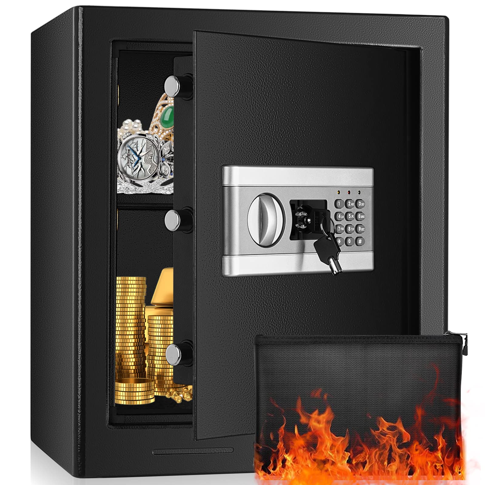 Safe Box 2.5 Cubic, Home Safe Box with Fireproof Document Bag, Home Safe Fireproof Waterproof for Pistol Jewelry Medicines, Cabinet Safes with Alarm System