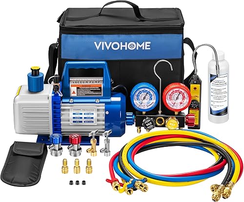 Vista 10 de VIVOHOME Bomba de Vacío HVAC Mejorada de 4CFM 1/3 HP de 1 Etapa y Juego de Manómetros Múltiples de CA de 4 Vías con Detector de Fugas, Mangueras