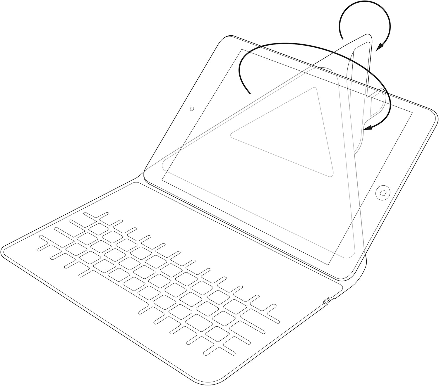 Line drawing illustrating how to insert a tablet into the keyboard case.